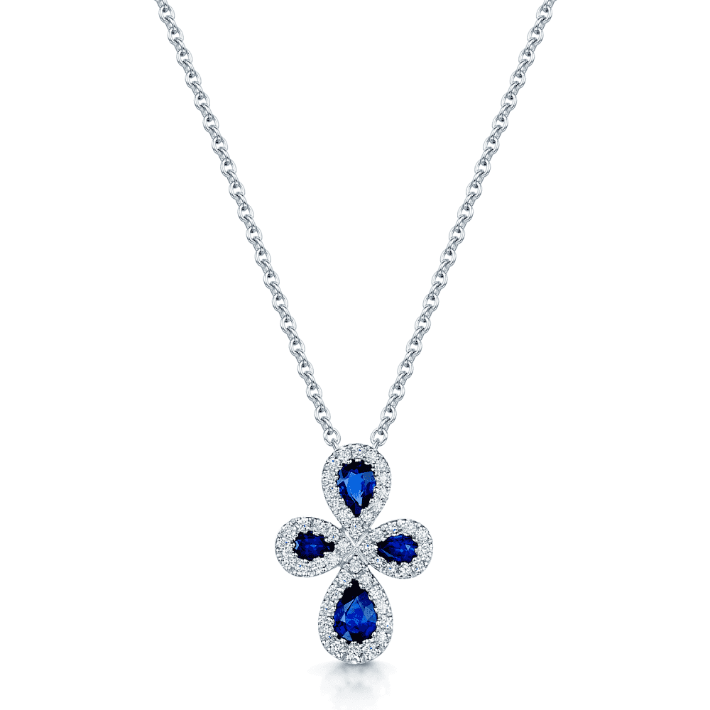18ct White Gold Pear Shape Blue Sapphire & Round Brilliant Cut Diamond Pendant