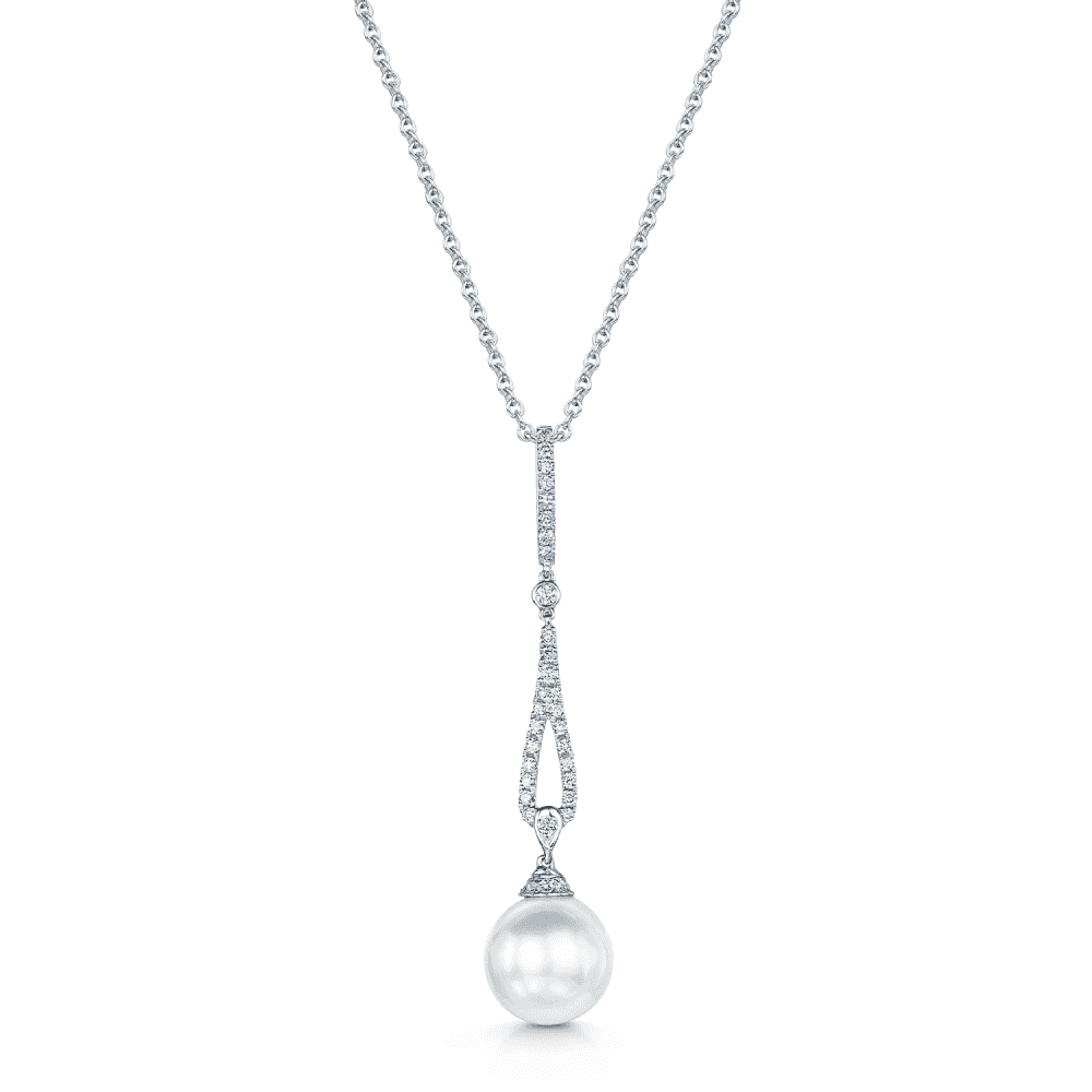 18ct White Gold Cultured Pearl & Round Brilliant Cut Diamond Drop Pendant