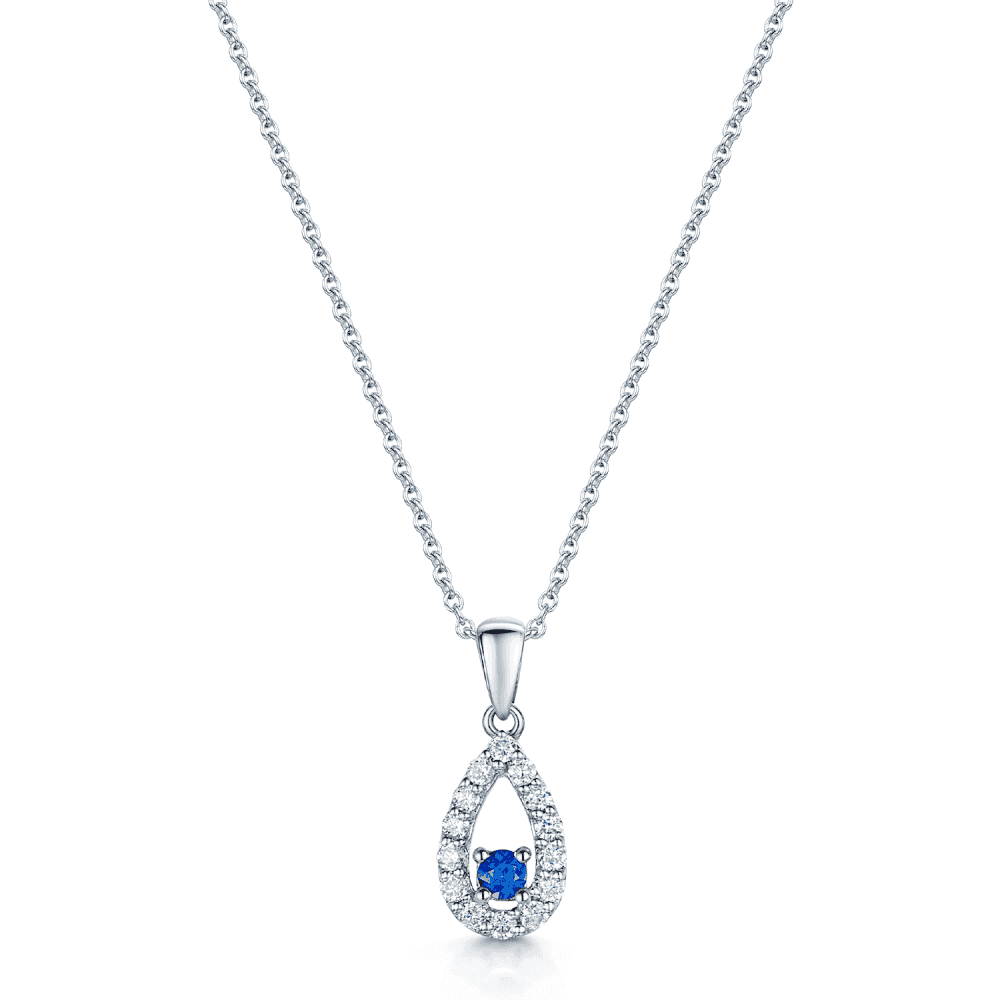 Round Brilliant Cut Diamond Open Pear Shape Pendant Set With a Single Round Blue Sapphire