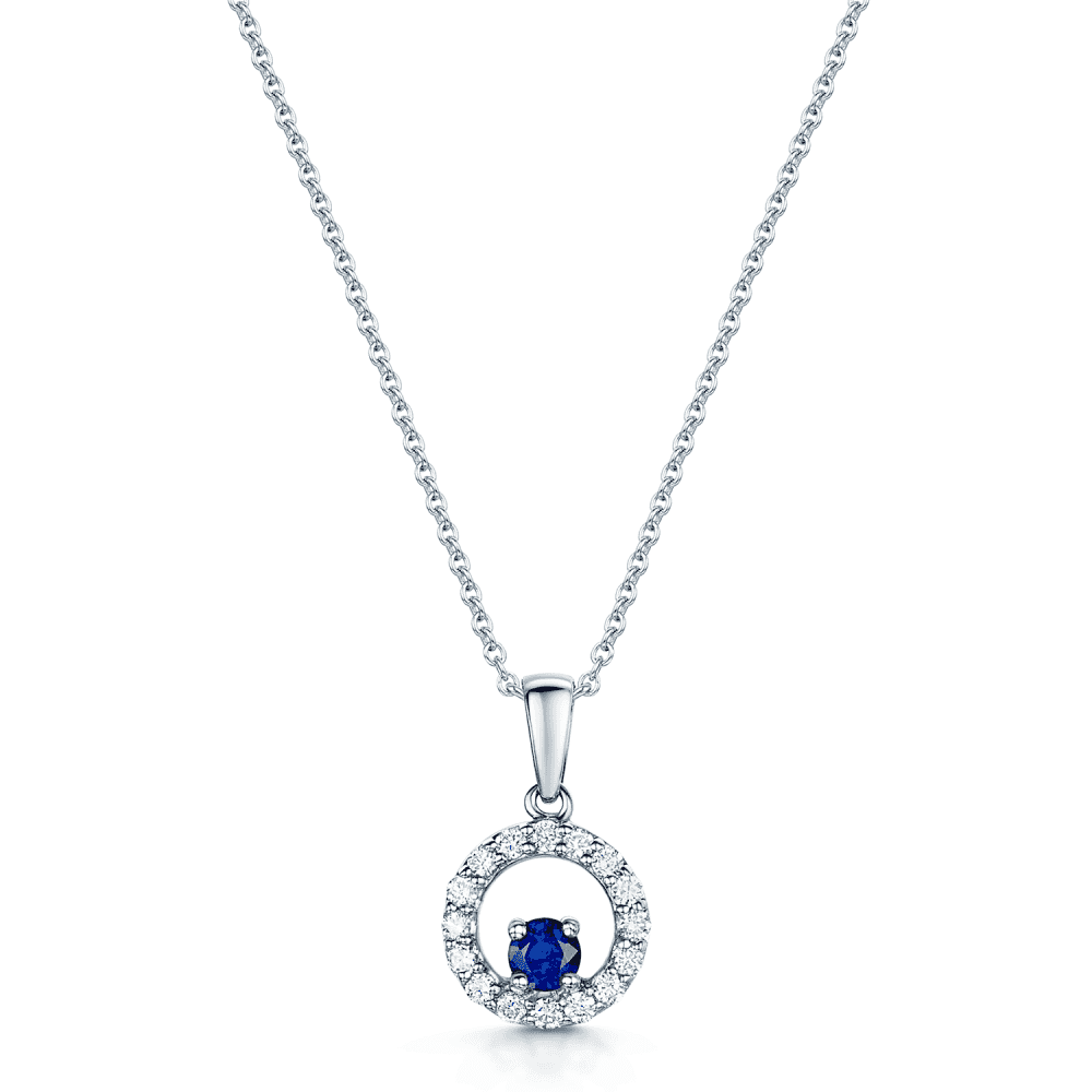 18ct White Gold Diamond Open Circle Pendant Set With A Single Round Blue Sapphire