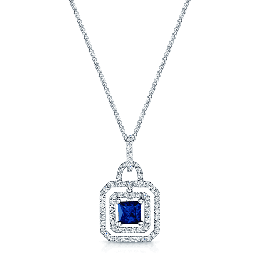 18ct White Gold Diamond Double Halo &  Blue Square Sapphire Pendant