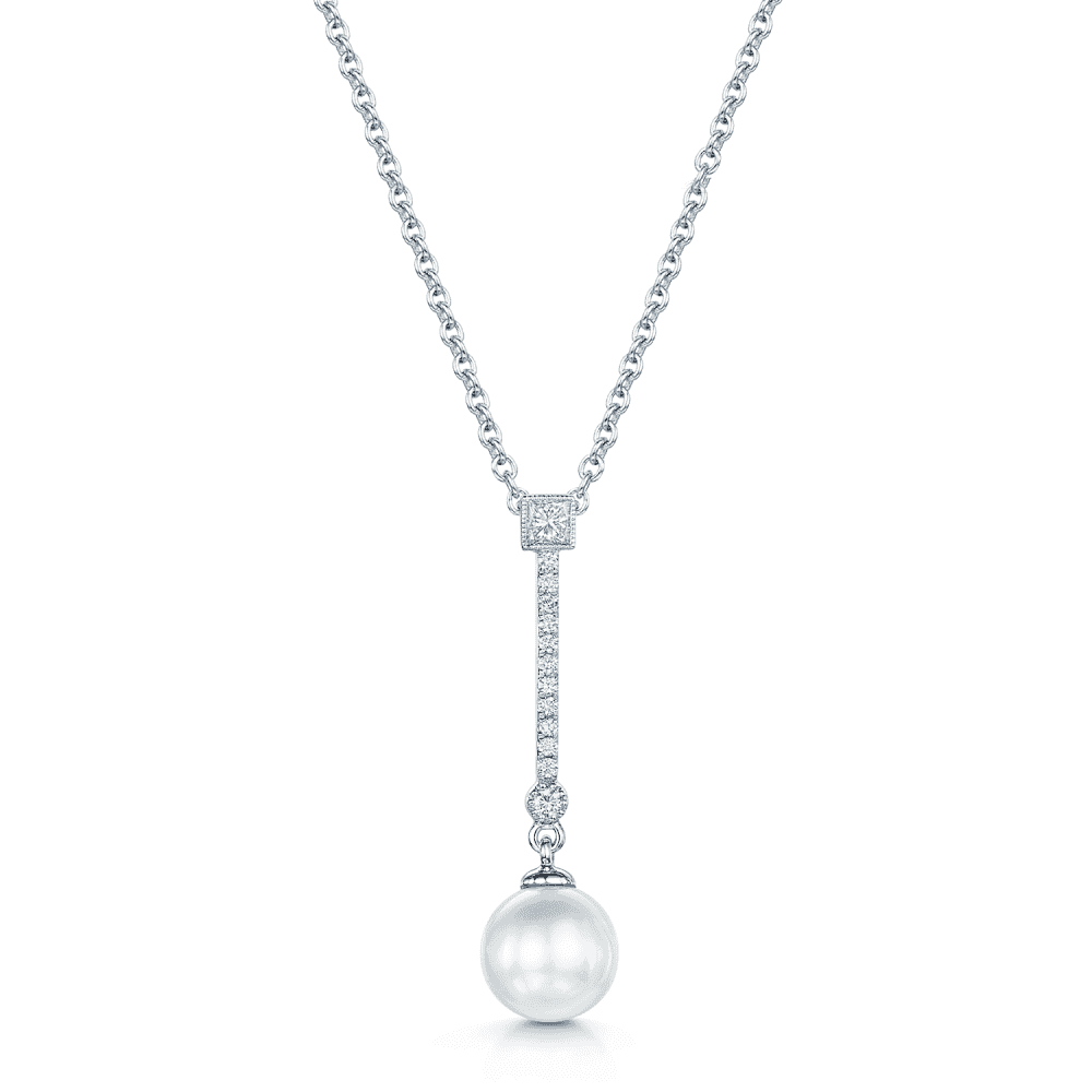 18ct White Gold Round Brilliant & Princess Cut Diamond Single Pearl Drop Pendant