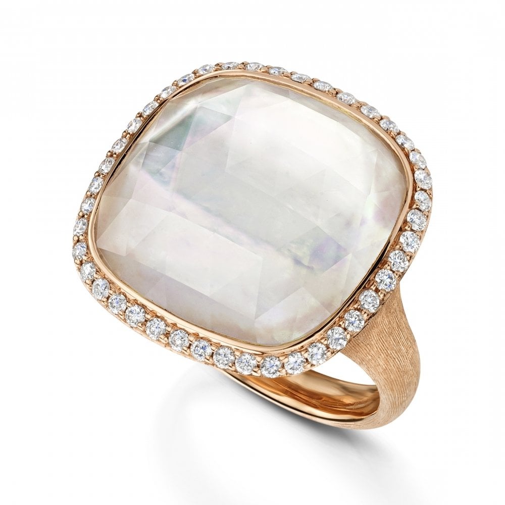 18ct Rose Gold Cushion Shaped Faceted White Quartz & Mother Of Pearl Ring With Diamond Surround