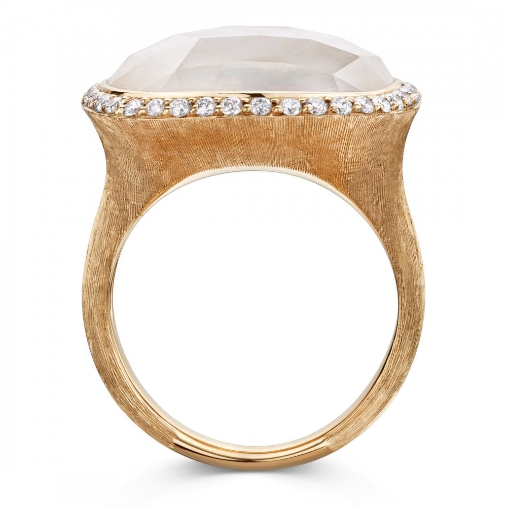 18ct Rose Gold Cushion Shaped Faceted White Quartz & Mother Of Pearl Ring With Diamond Surround