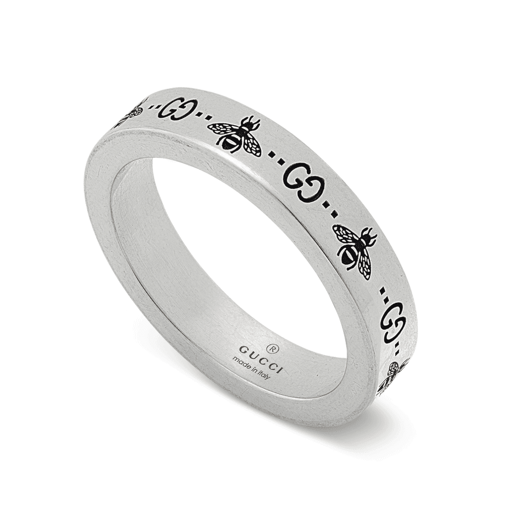 Signature Sterling Silver GG And Bee Engraved 4mm Ring