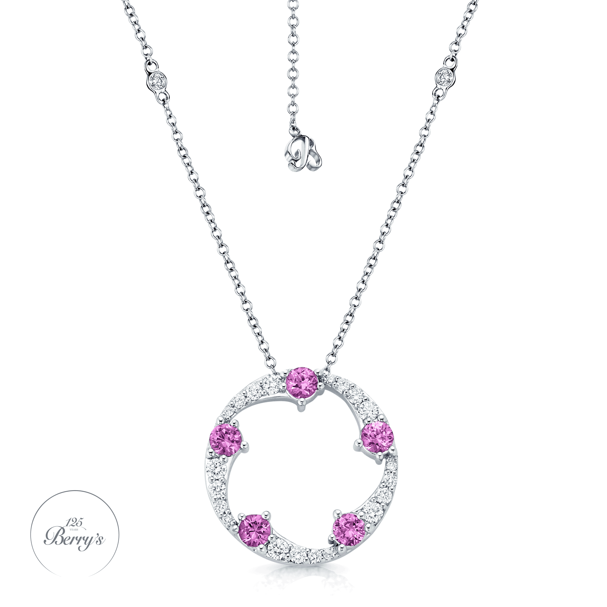 OPEIA Collection 18ct White Gold Pink Sapphire And Diamond Fancy Large Circle Pendant With Chain