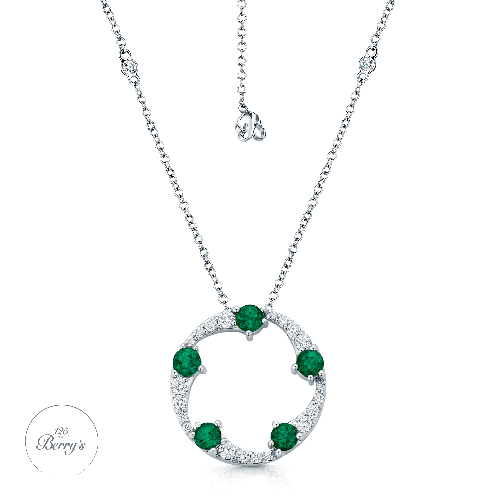 OPEIA Collection 18ct White Gold Emerald And Diamond Fancy Large Circle Pendant With Chain