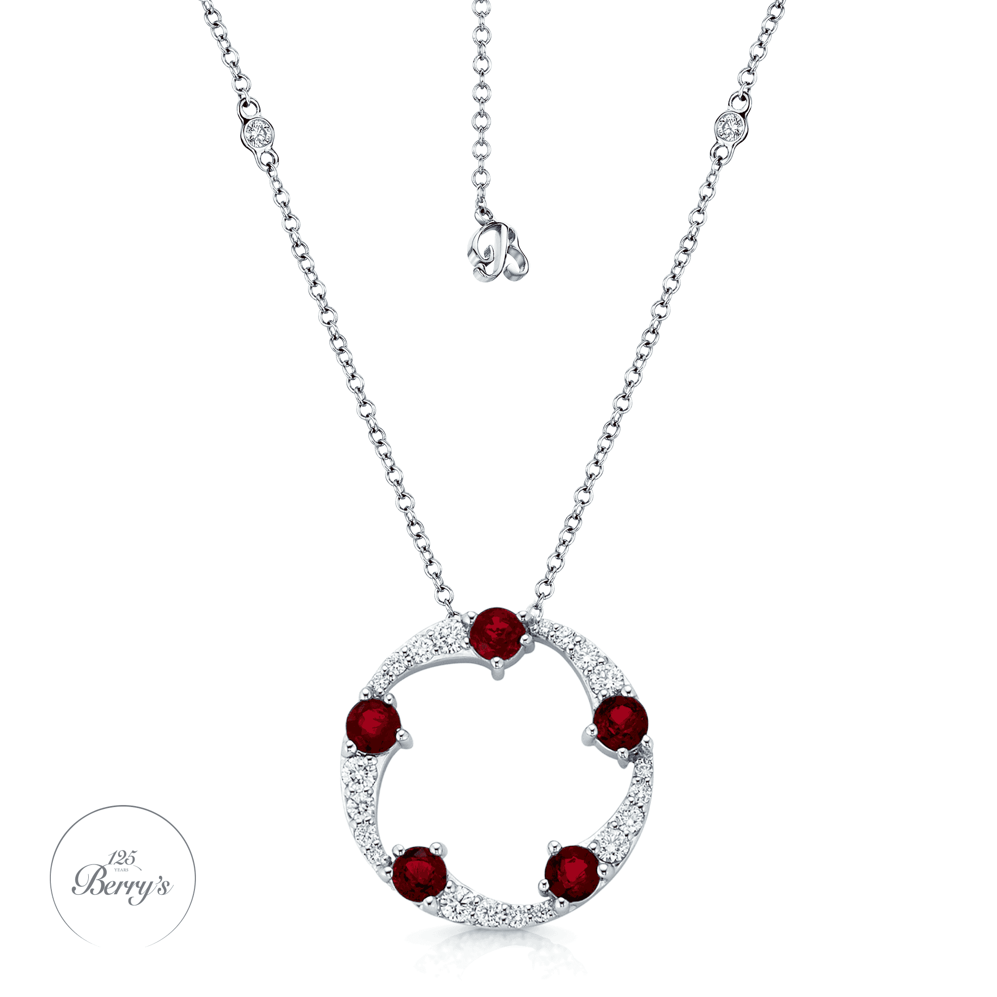 OPEIA Collection 18ct White Gold Ruby And Diamond Fancy Large Circle Pendant With Chain