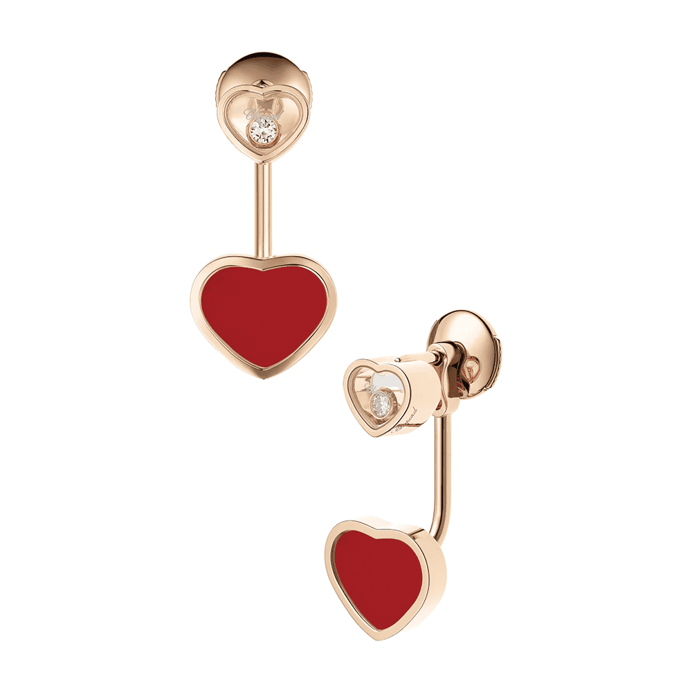 18ct Rose Gold Happy Hearts Red Stone & Diamond Drop Earrings