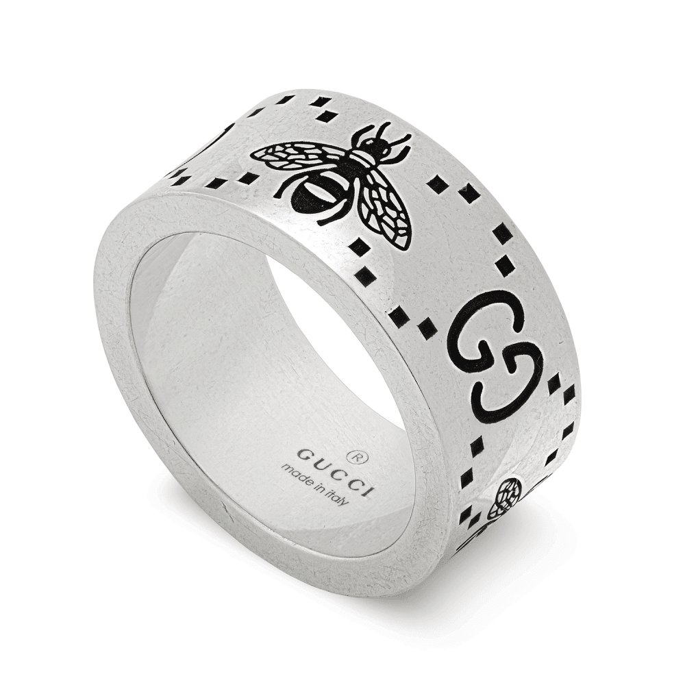 Signature Sterling Silver GG And Bee Engraved 9mm Ring