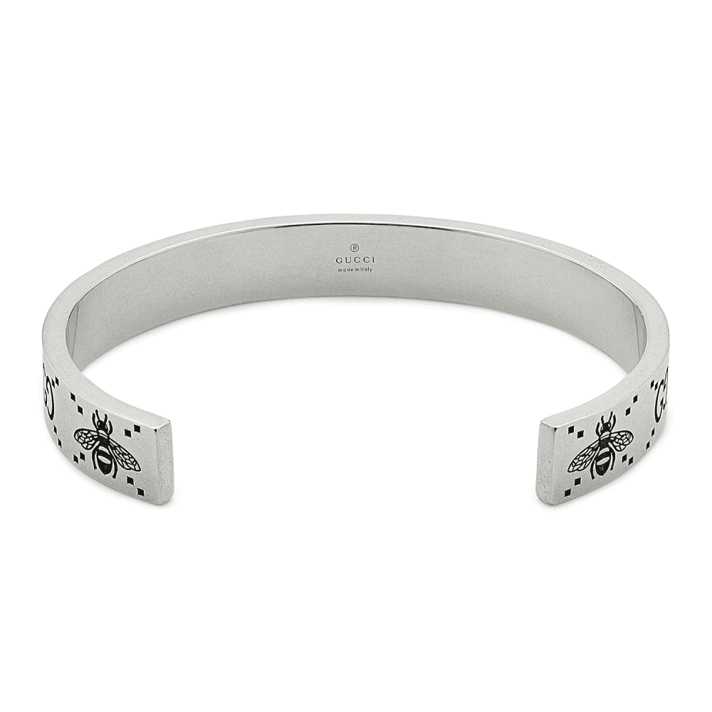 Signature Sterling Silver GG And Bee Engraved Cuff Bangle