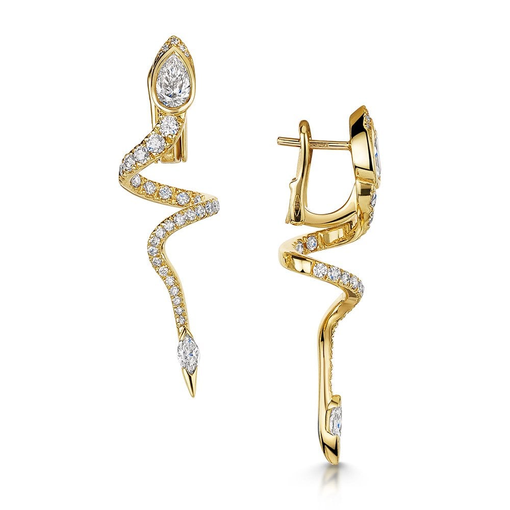 18ct Yellow Gold Serpente Pear, Marquise And Round Brilliant Cut Diamond Spiral Pave Drop Earrings