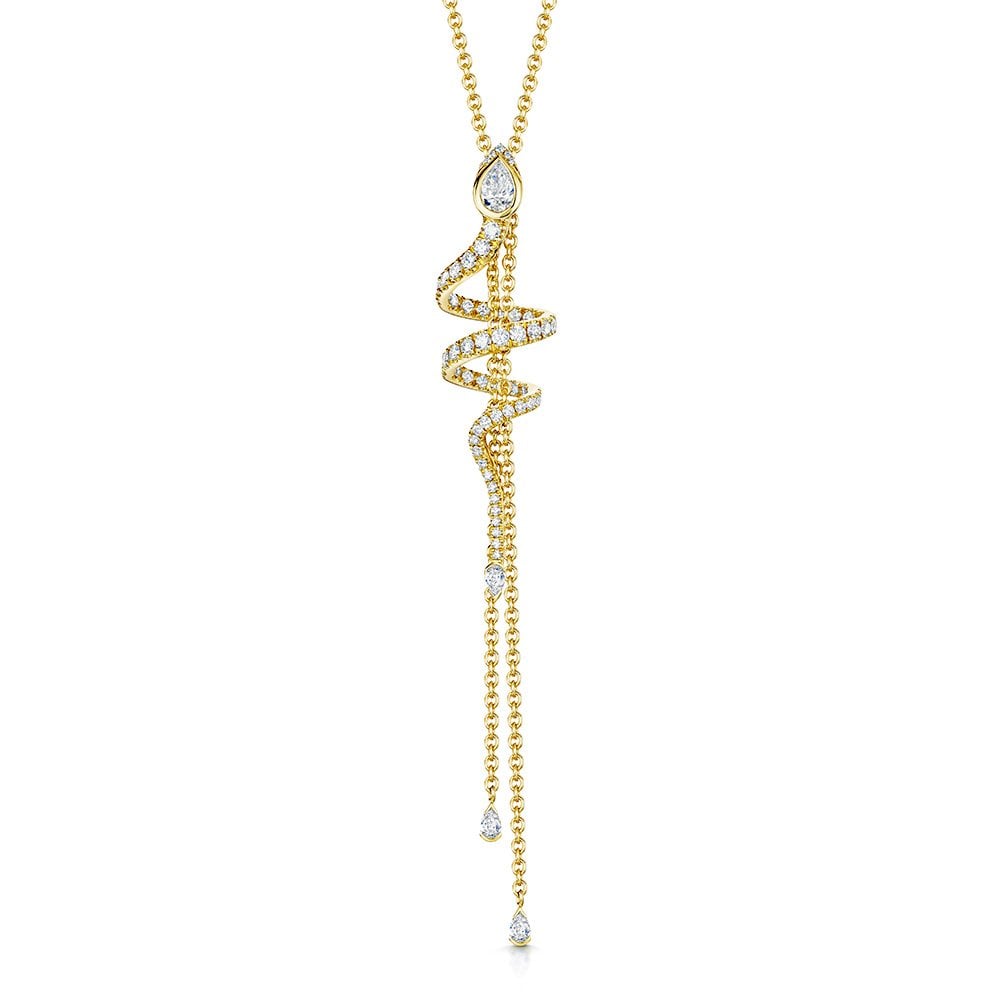 18ct Yellow Gold Serpente Pear And Round Brilliant Cut Diamond Spiral Pave Necklet With Diamond Tassels