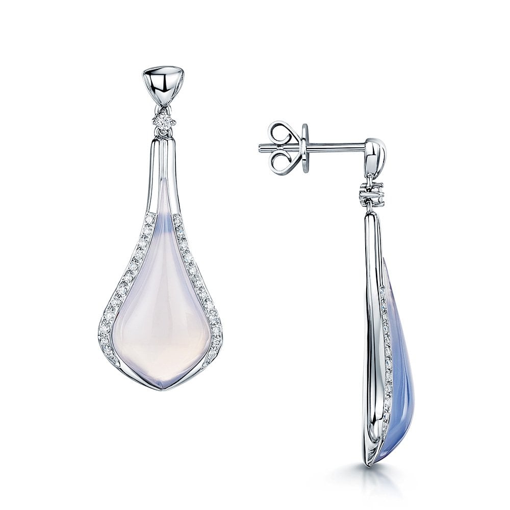 18ct White Gold Chalcedony Pear Shape Cabochon Drop Earrings