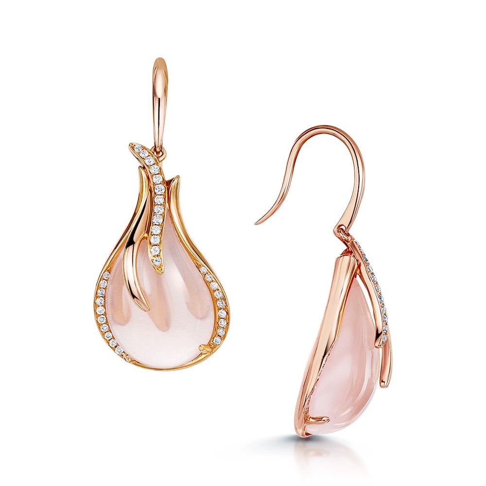 18ct Rose Gold Rose Quartz & Diamond Pear Shape Cabochon Drop Earrings