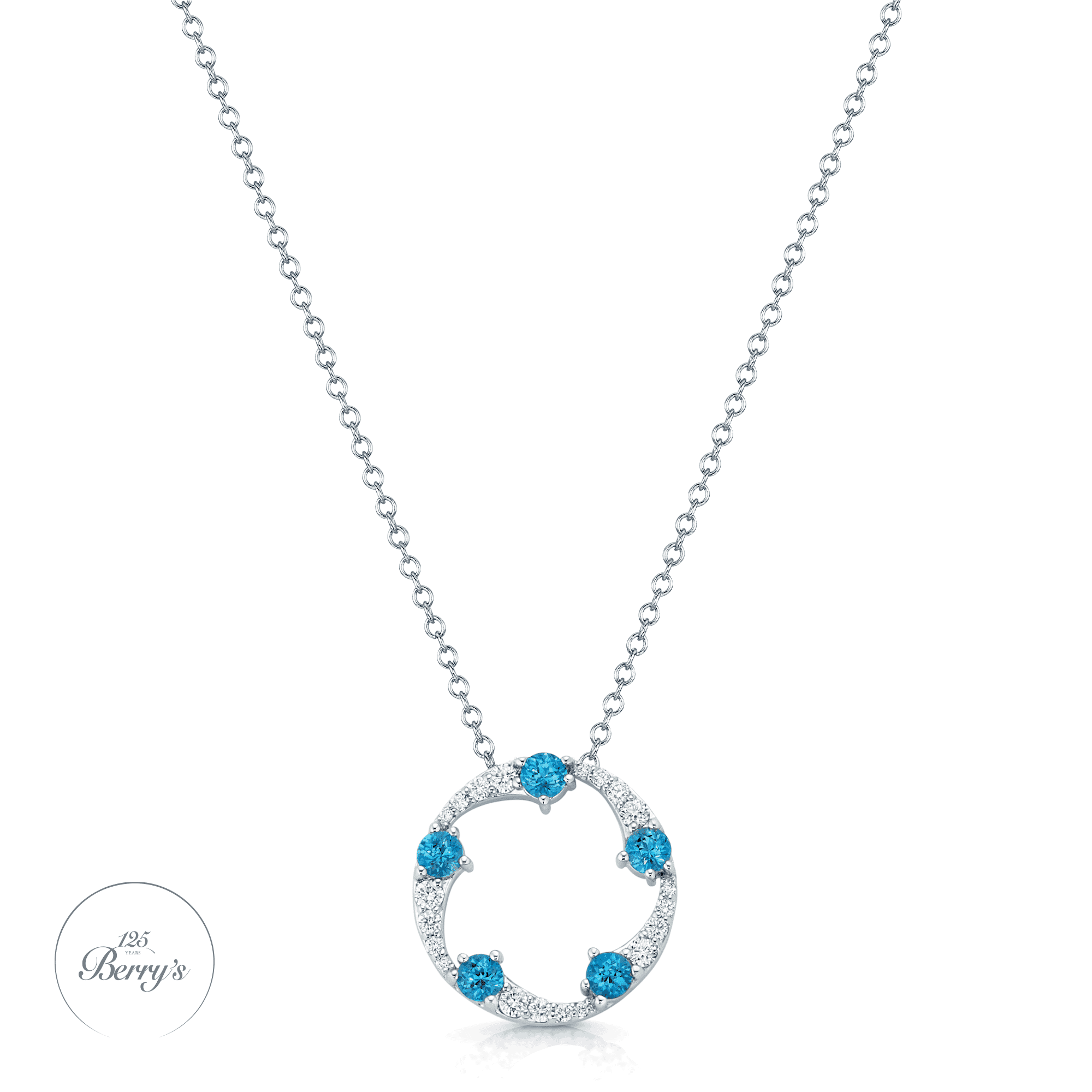 OPEIA Collection 18ct White Gold Aquamarine And Diamond Fancy Circle Pendant With Chain