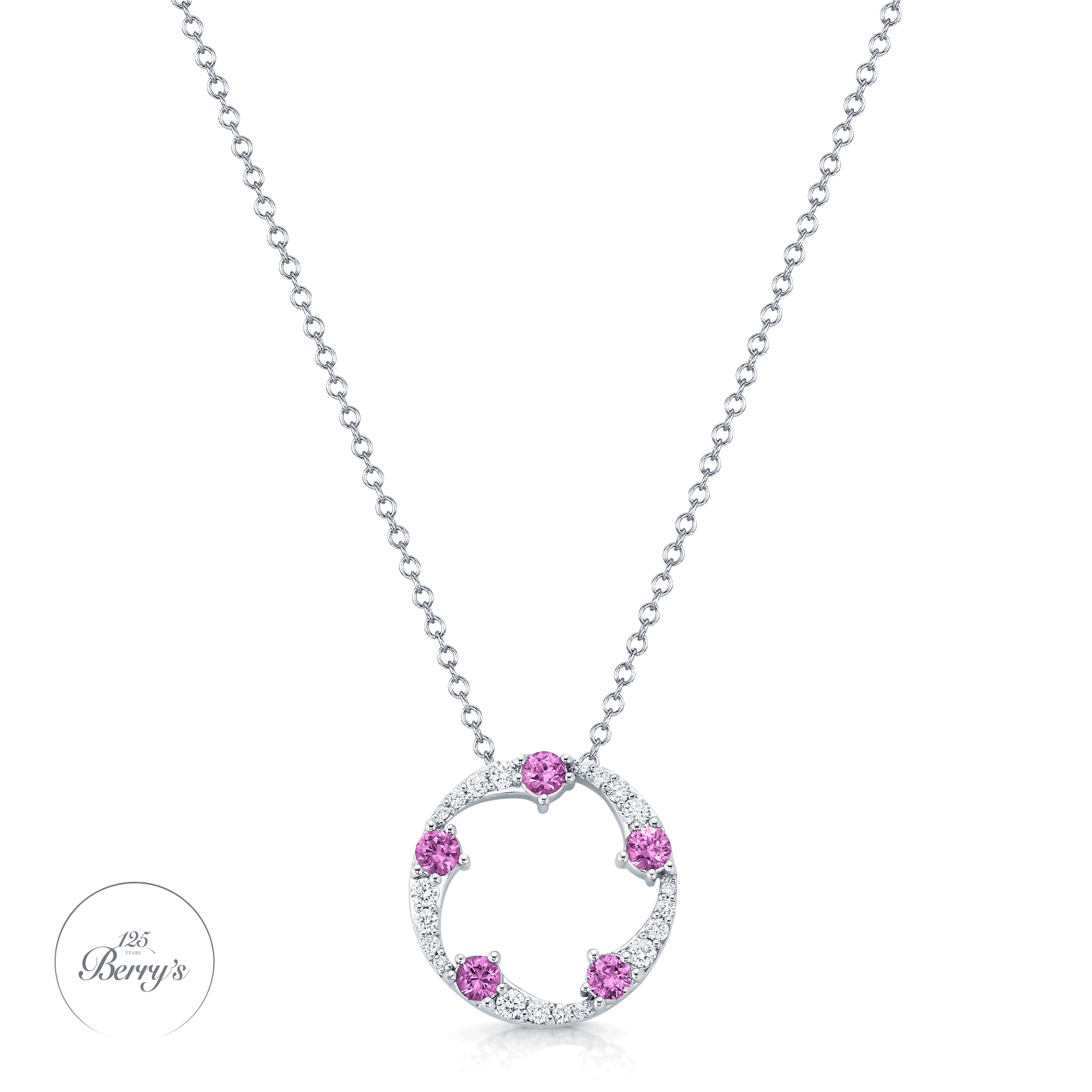 OPEIA Collection 18ct White Gold Pink Sapphire And Diamond Fancy Circle Pendant With Chain