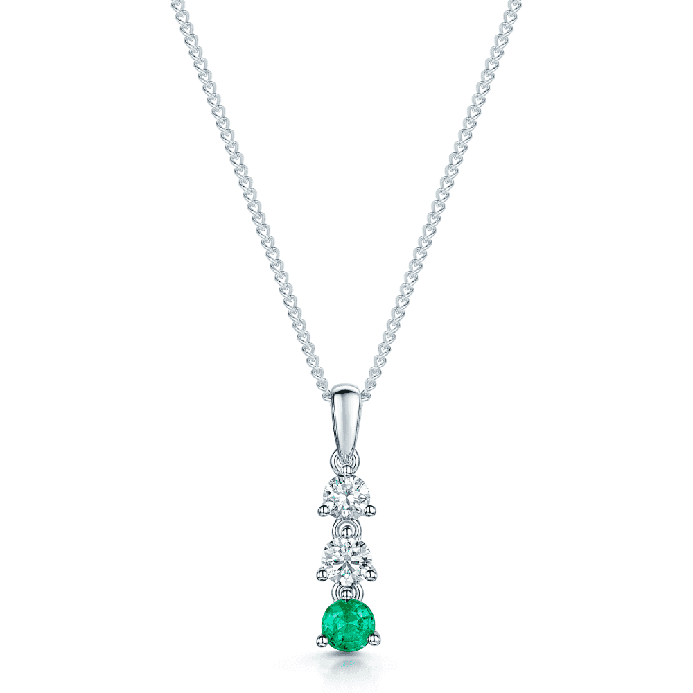 18ct White Gold Round Emerald & Round Brilliant Cut Diamond Three Stone Pendant