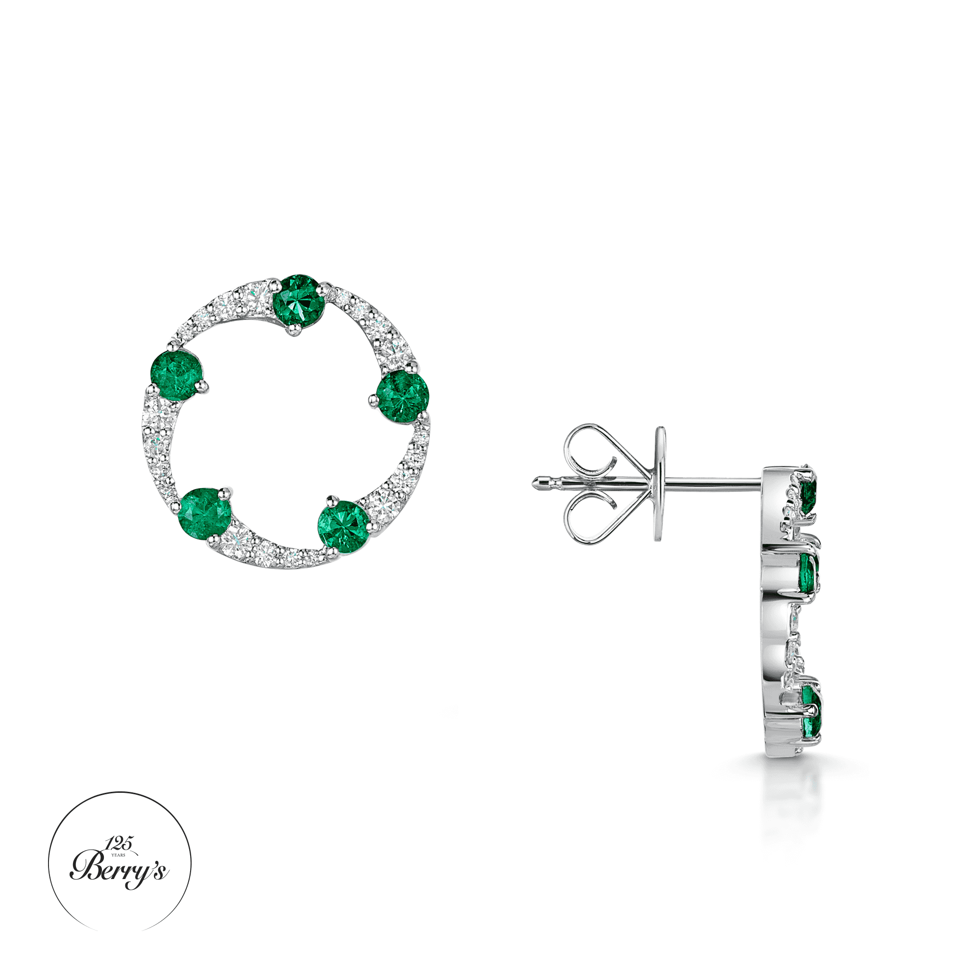 OPEIA Collection 18ct White Gold Emerald And Diamond Fancy Circle Stud Earrings