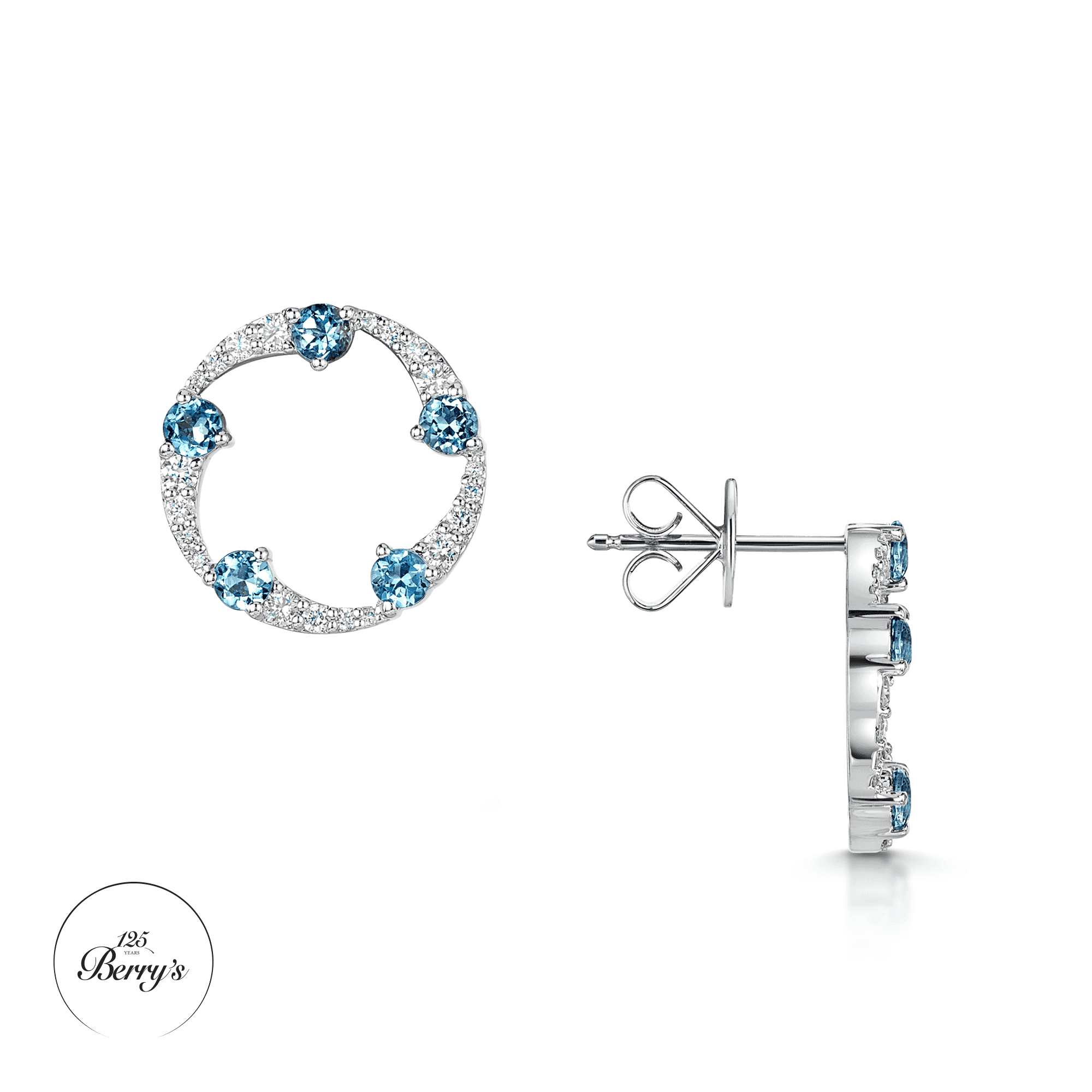 OPEIA Collection 18ct White Gold Aquamarine And Diamond Fancy Circle Stud Earrings