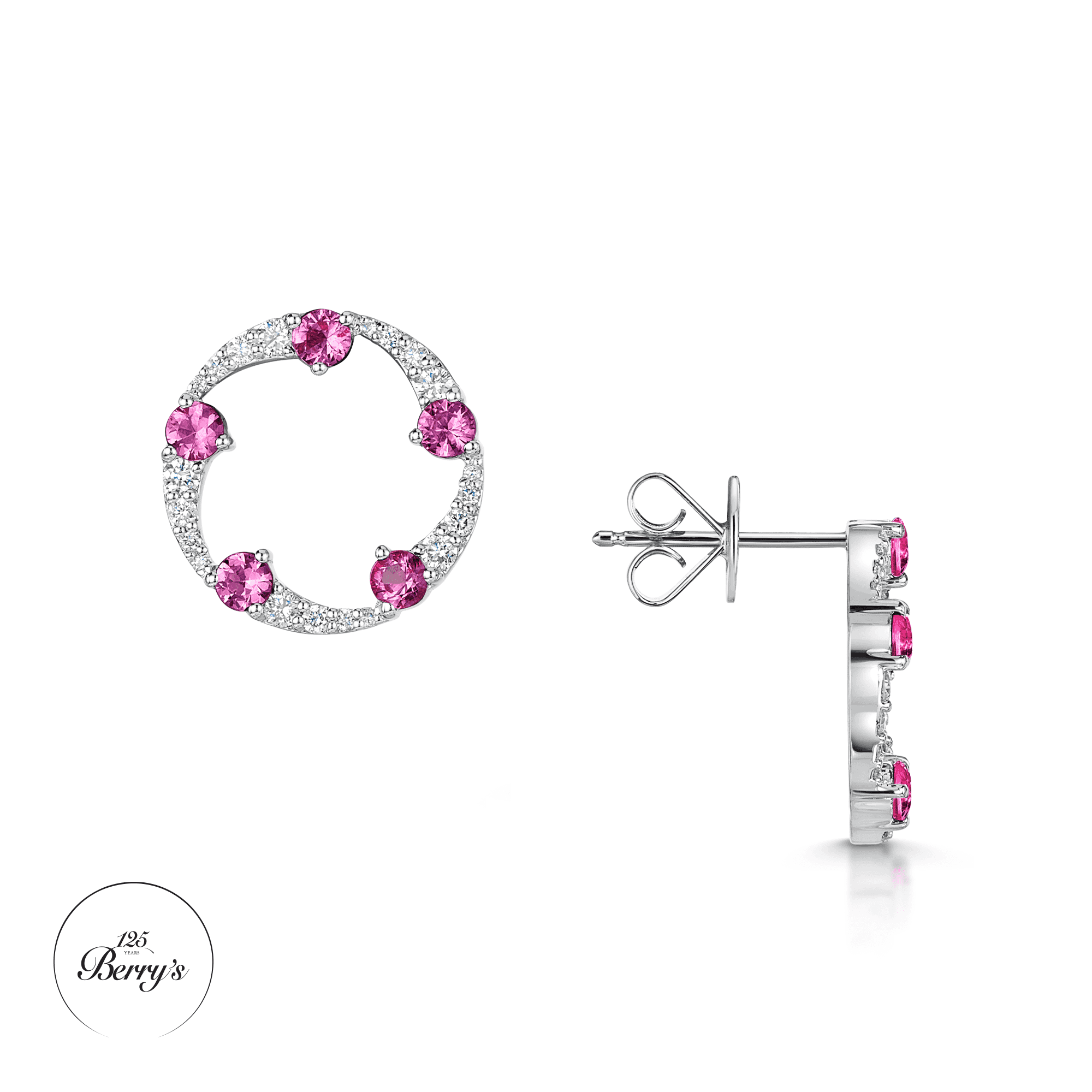 OPEIA Collection 18ct White Gold Pink Sapphire And Diamond Fancy Circle Stud Earrings