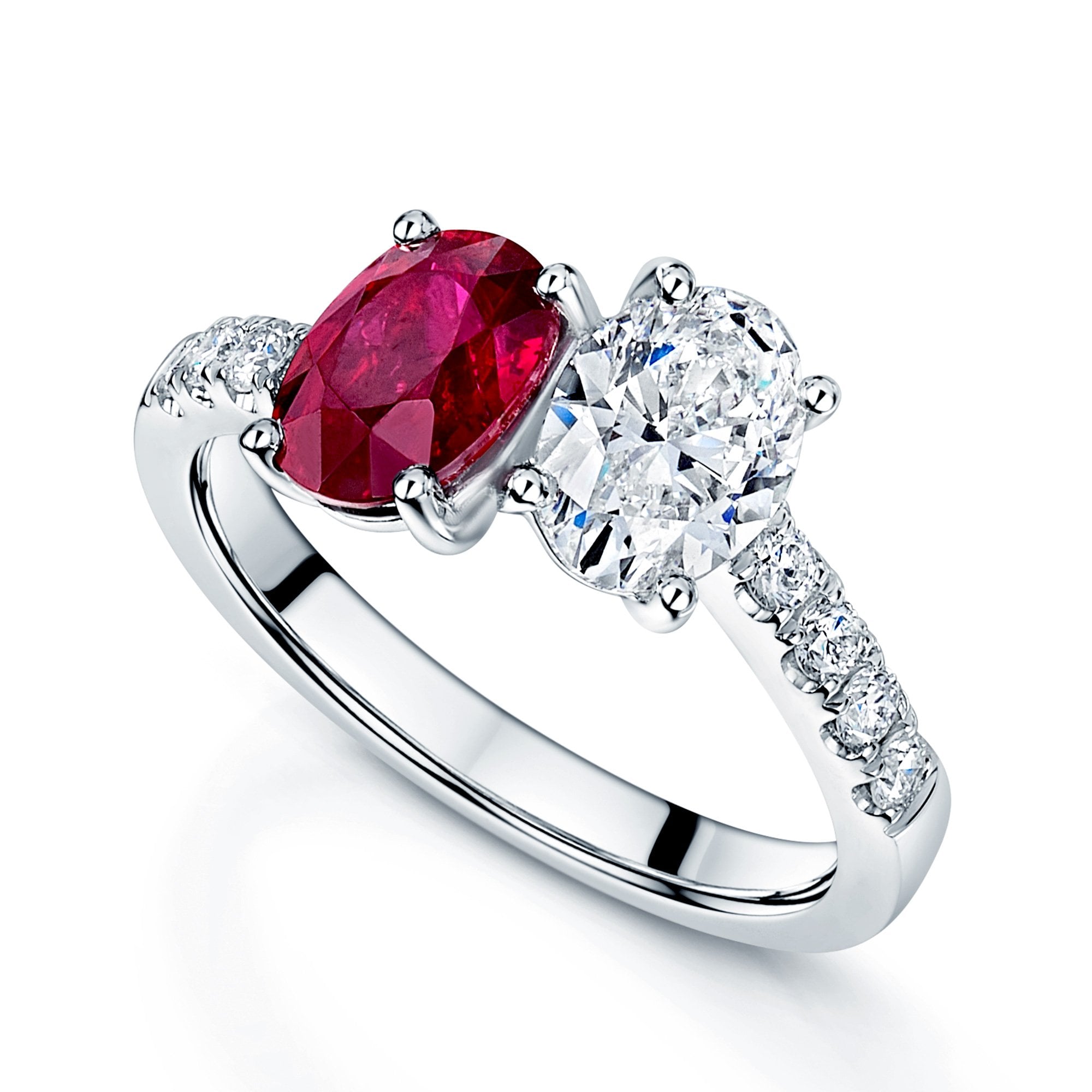 Platinum Oval Ruby & Oval Diamond Two Stone Cross Over Ring With Diamond Set Shoulders