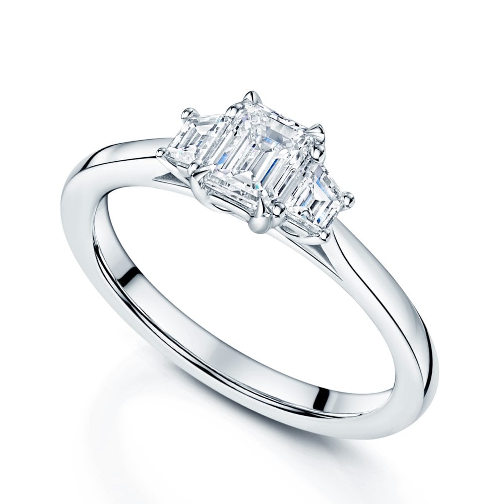 Platinum GIA Emerald Cut Diamond With Two Trilliant Cut Diamonds Trilogy Ring