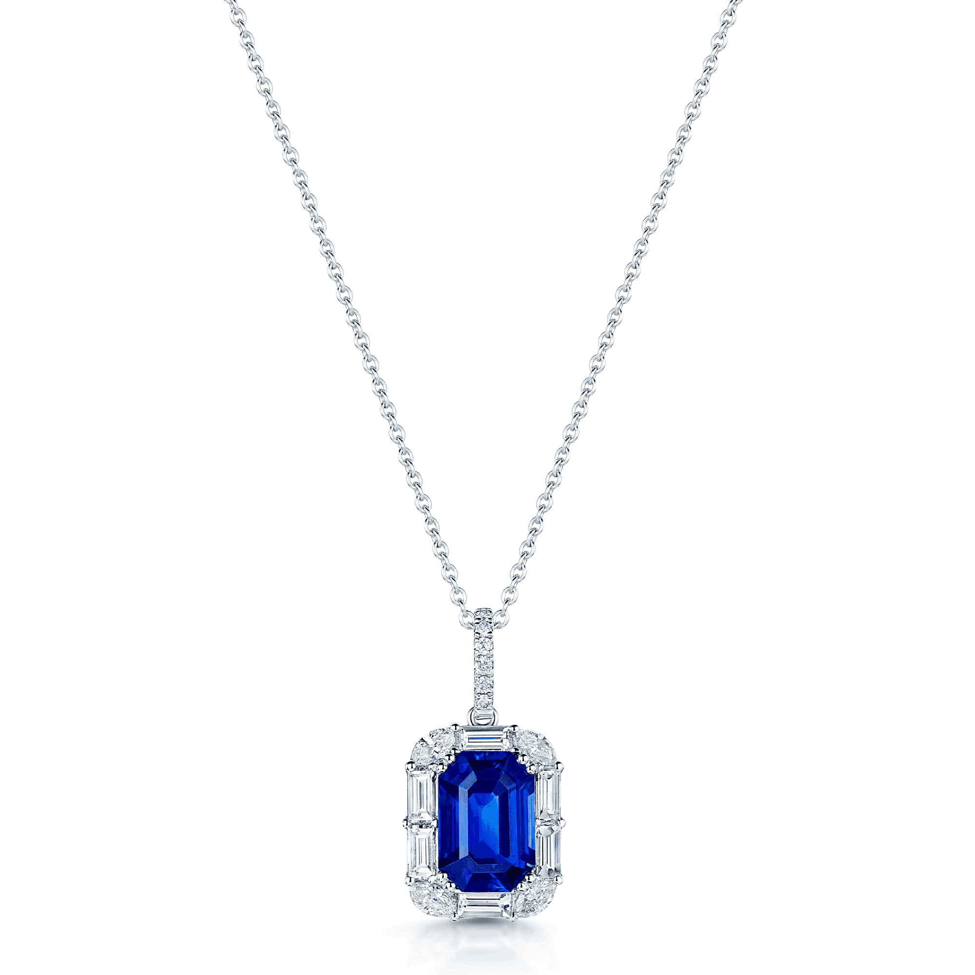 18ct White Gold Emerald Cut Sapphire With Marquise & Baguette Cut Diamond Halo Pendant