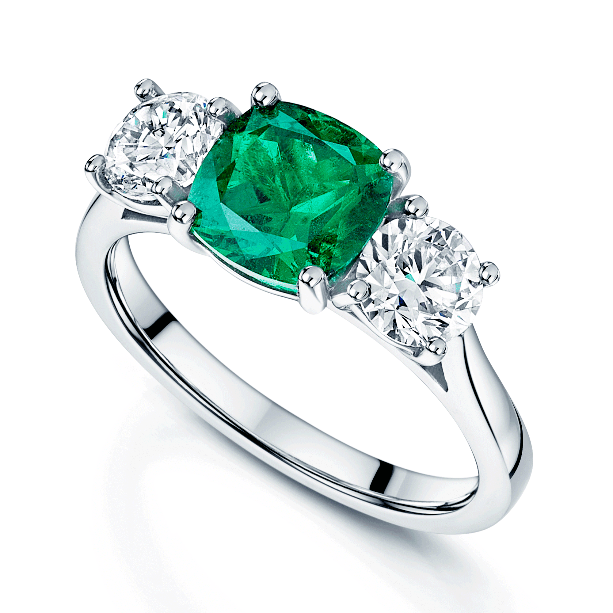 Platinum Cushion Cut Natural Emerald And Round Brilliant Cut Diamond 3 Stone Ring