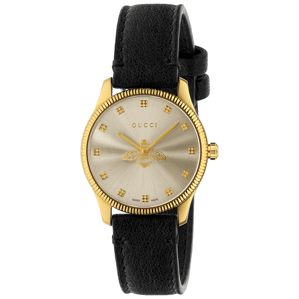 G-Timeless 29mm Yellow Gold PVD Silver Bee Motif Dial Black Leather Strap Watch