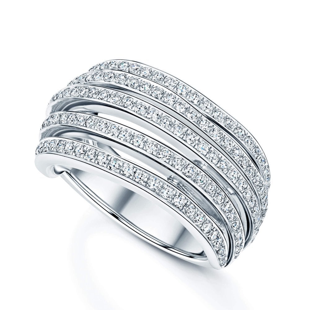 18ct White Gold Pave Diamond Set Open Five Row Fancy Ring