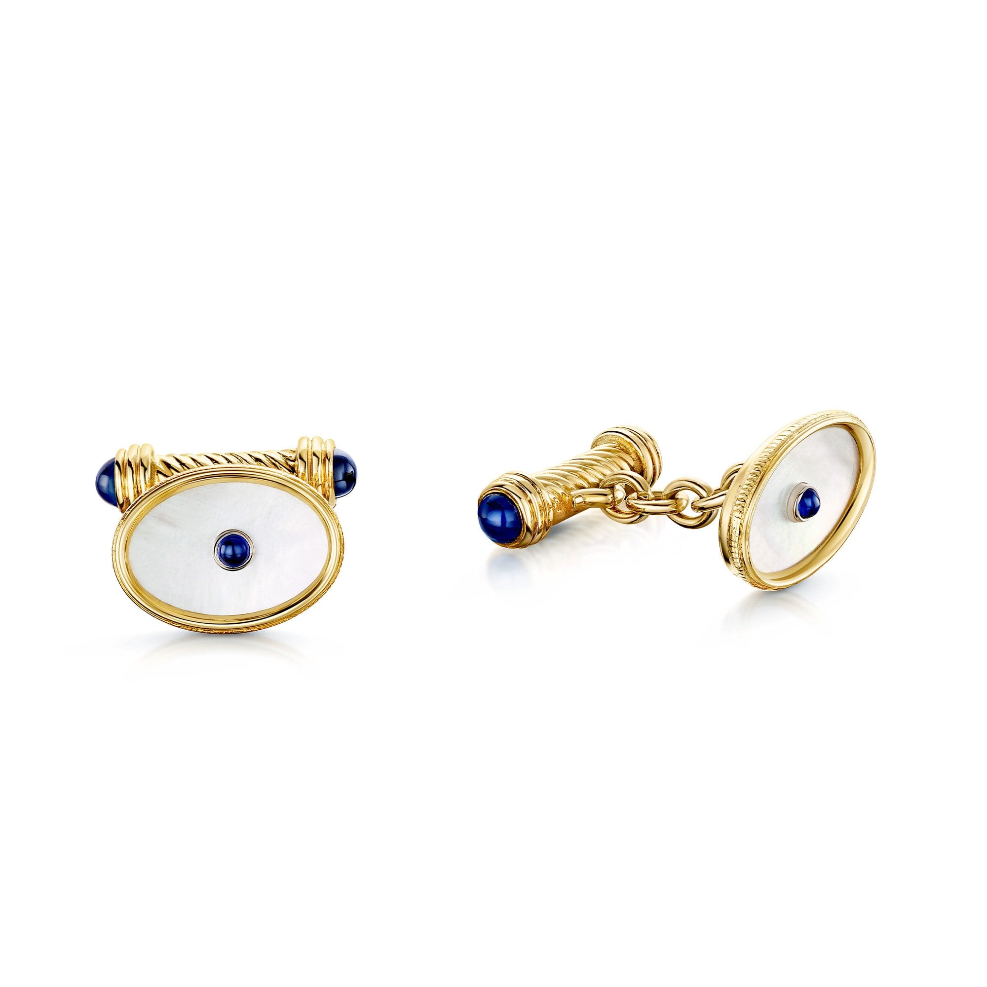 18ct Yellow Gold Oval Cufflinks Set With Mother Of Pearl And Cabouchon Sapphires