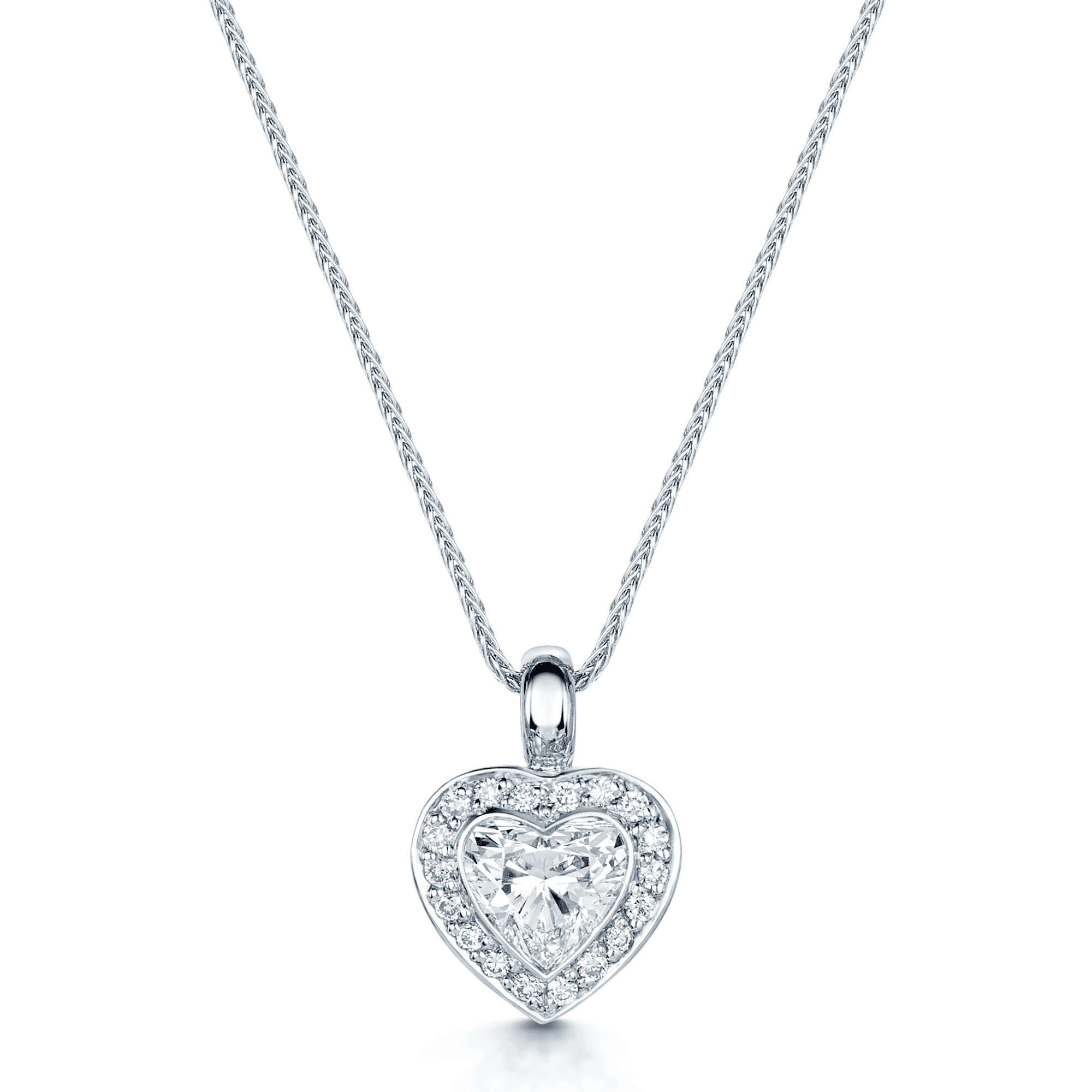 18ct White Gold Heart Shaped Diamond Pendant in a Pave Set Surround