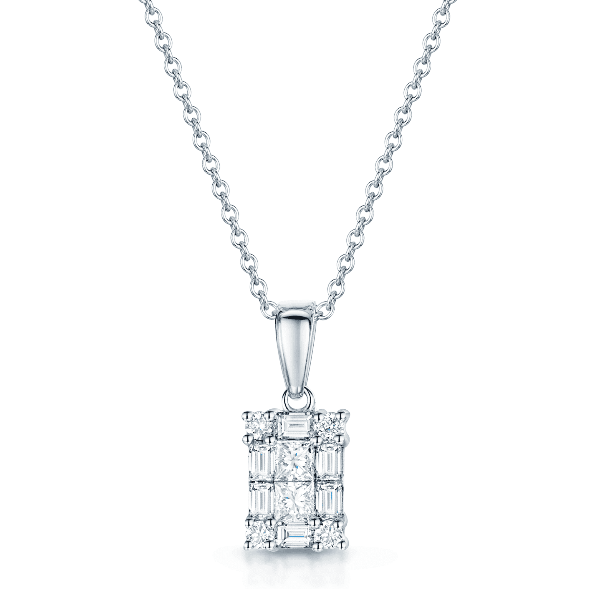 18ct White Gold Emerald, Round Brilliant And Princess Cut Diamond Pendant
