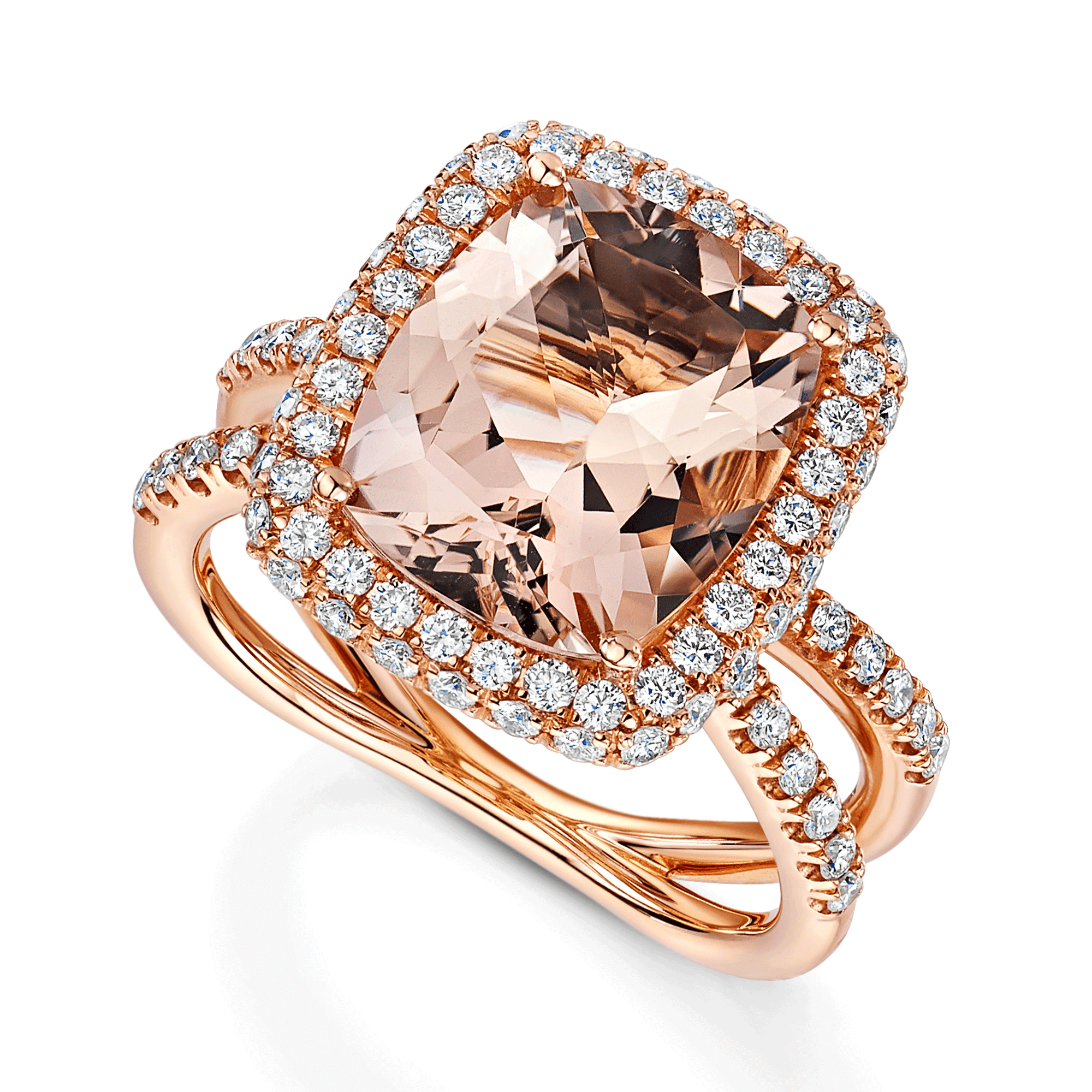 18ct Rose Gold Morganite & Diamond Halo Dress Ring