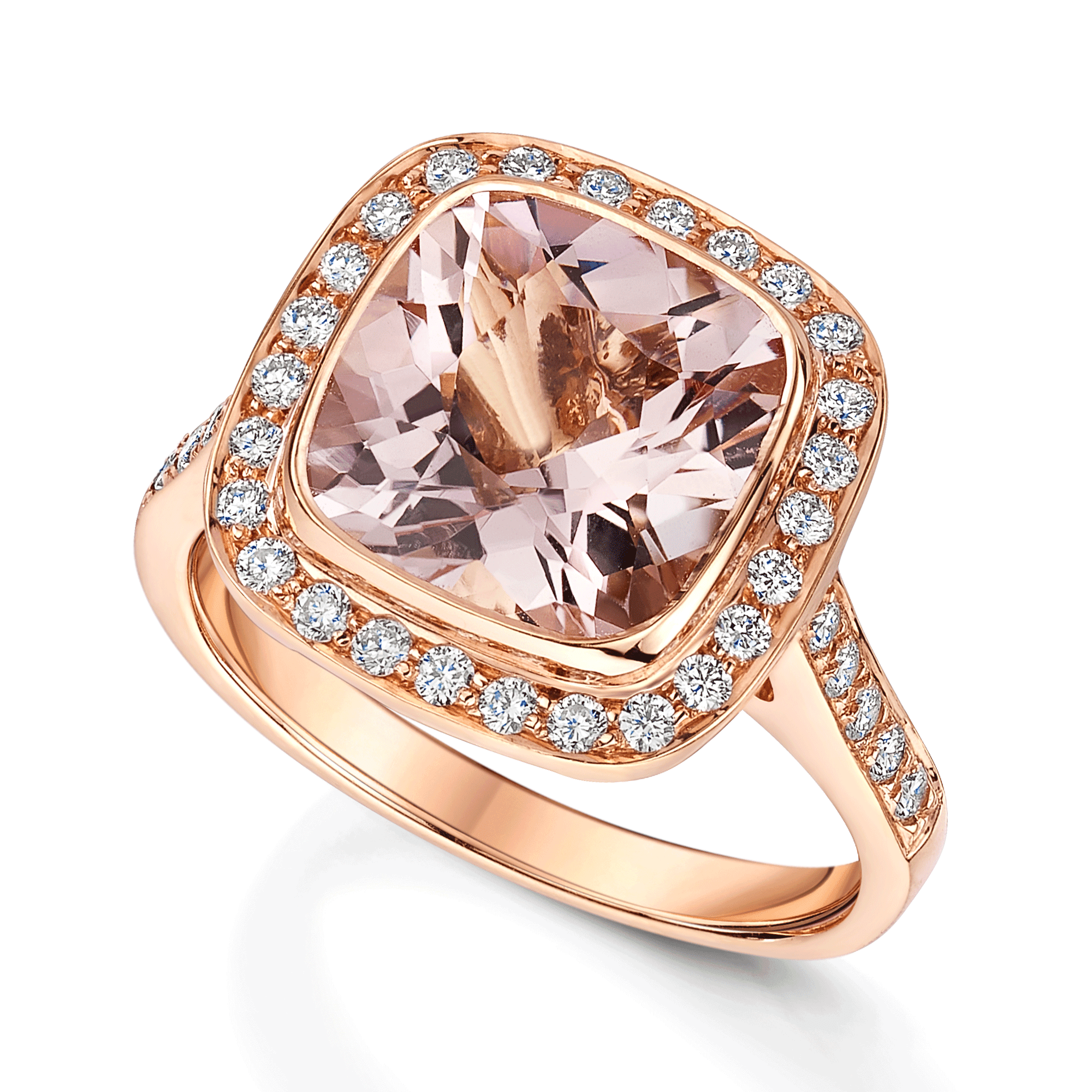 18ct Rose Gold Morganite & Diamond Halo Set Ring