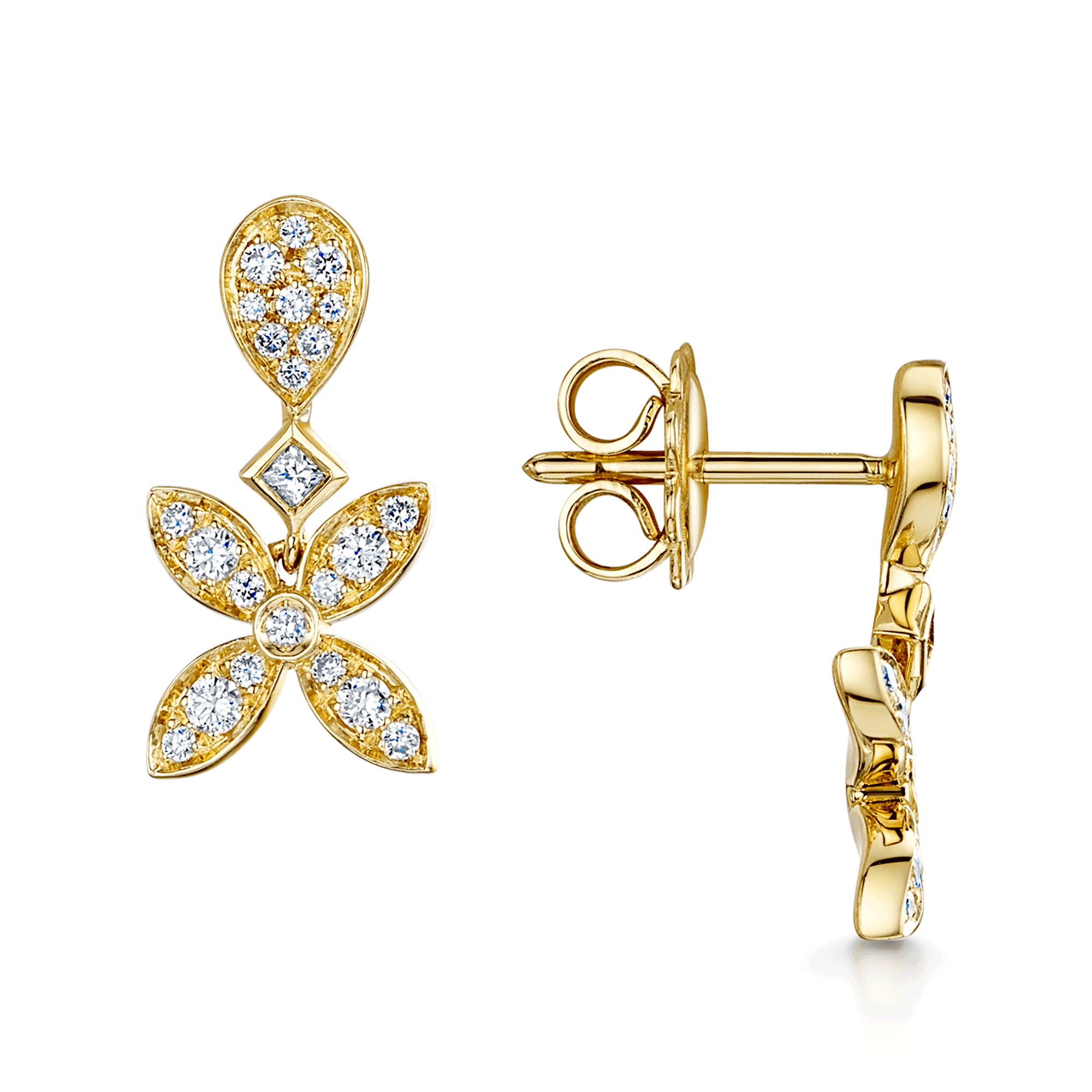 18ct Yellow Gold Fleur Pave Diamond Stud Earrings