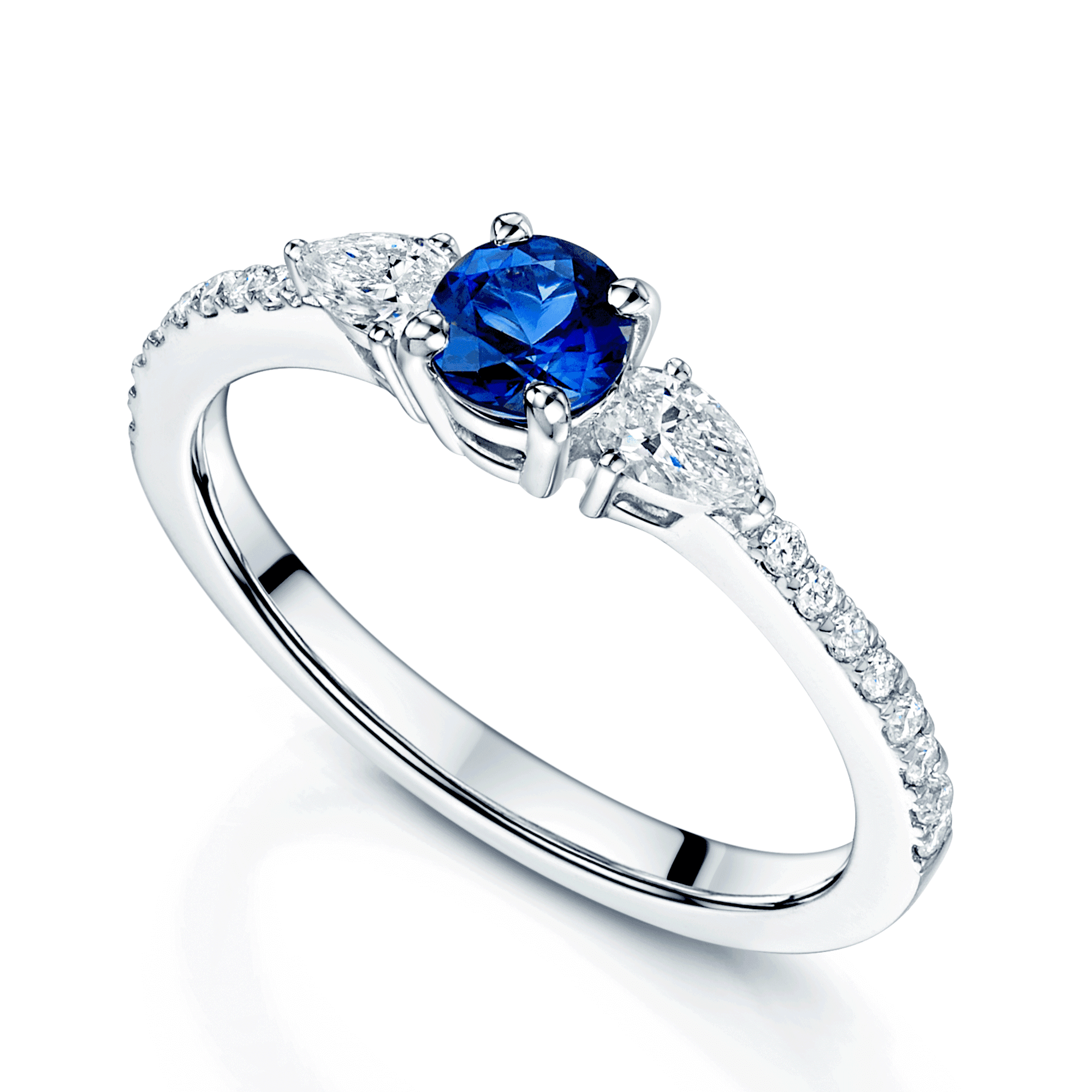 Platinum Round Sapphire & Pear Cut Diamond Claw Set Three Stone Ring With Diamond Set shoulders