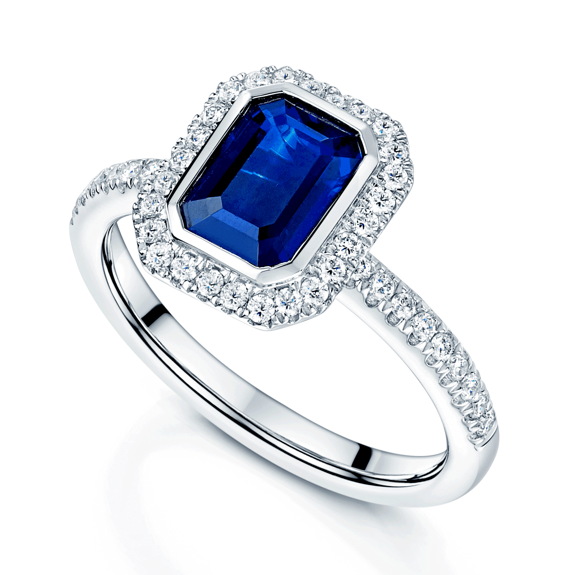 Platinum Emerald Cut Sapphire And Diamond Cluster Ring With Diamond Set Shoulders