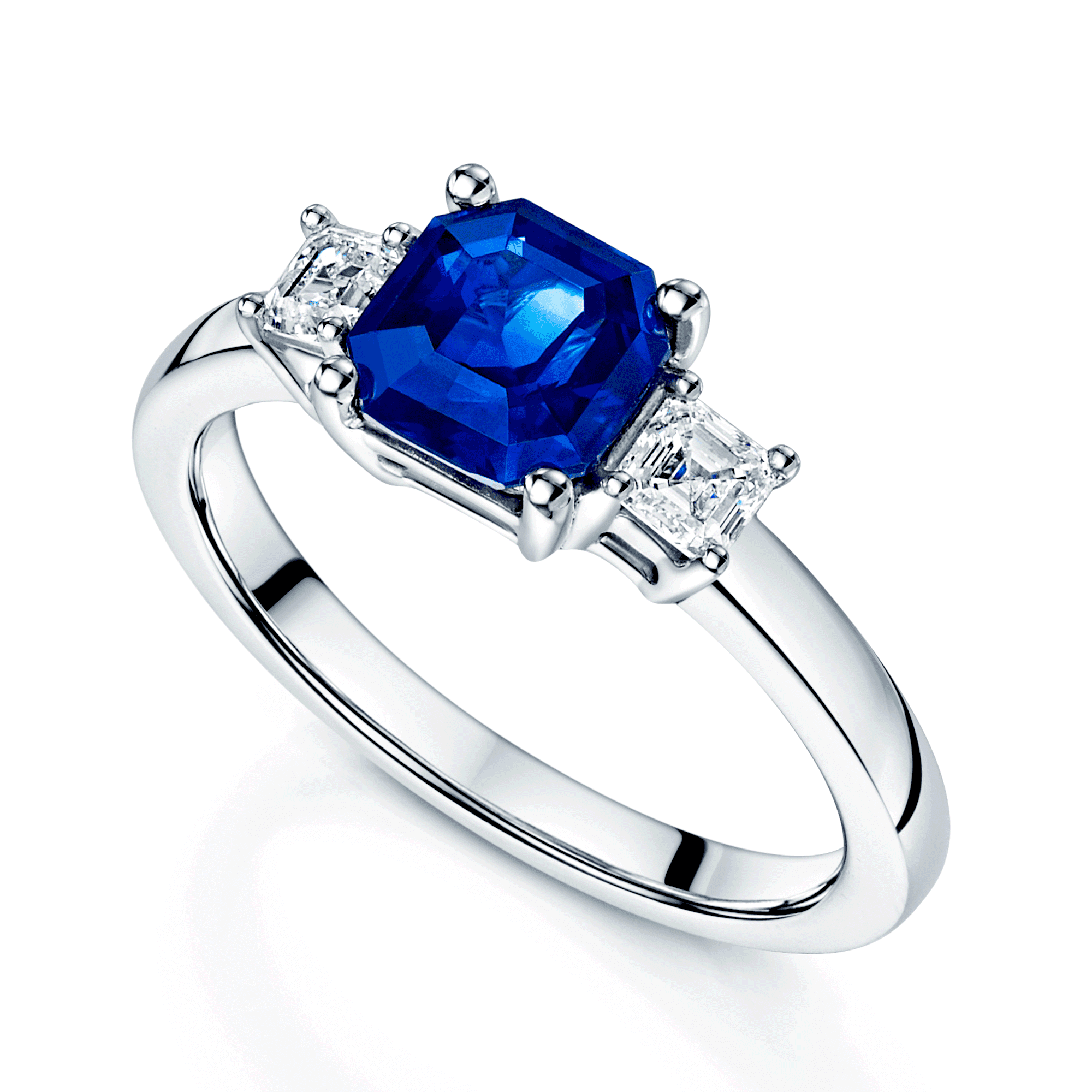 Platinum Claw Set Step-Cut Blue Sapphire & Asscher Cut Diamond Three Stone Ring