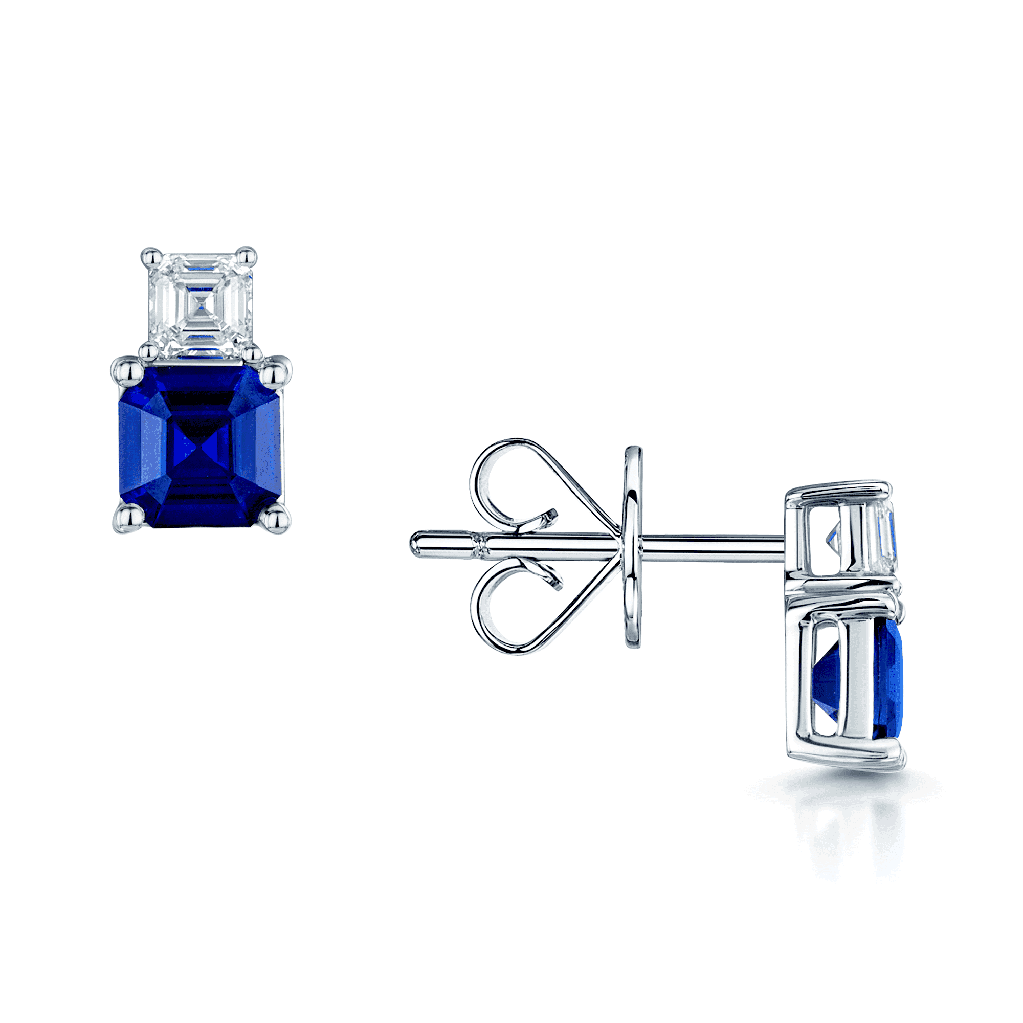 18ct White Gold Claw Set Step-Cut Blue Sapphire & Asscher Cut Diamond Earrings
