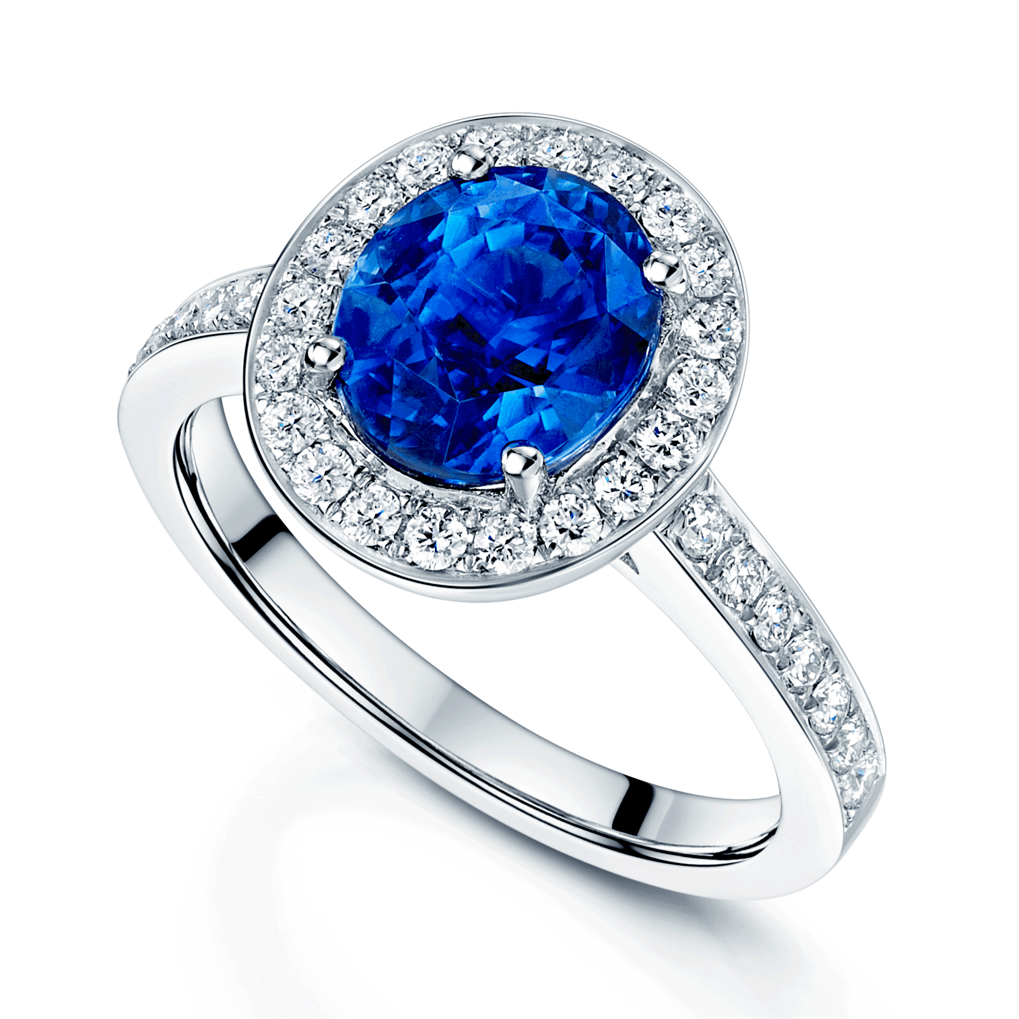 Platinum Oval Sapphire And Diamond Grain Set Halo Cluster Ring With Diamond Shoulders