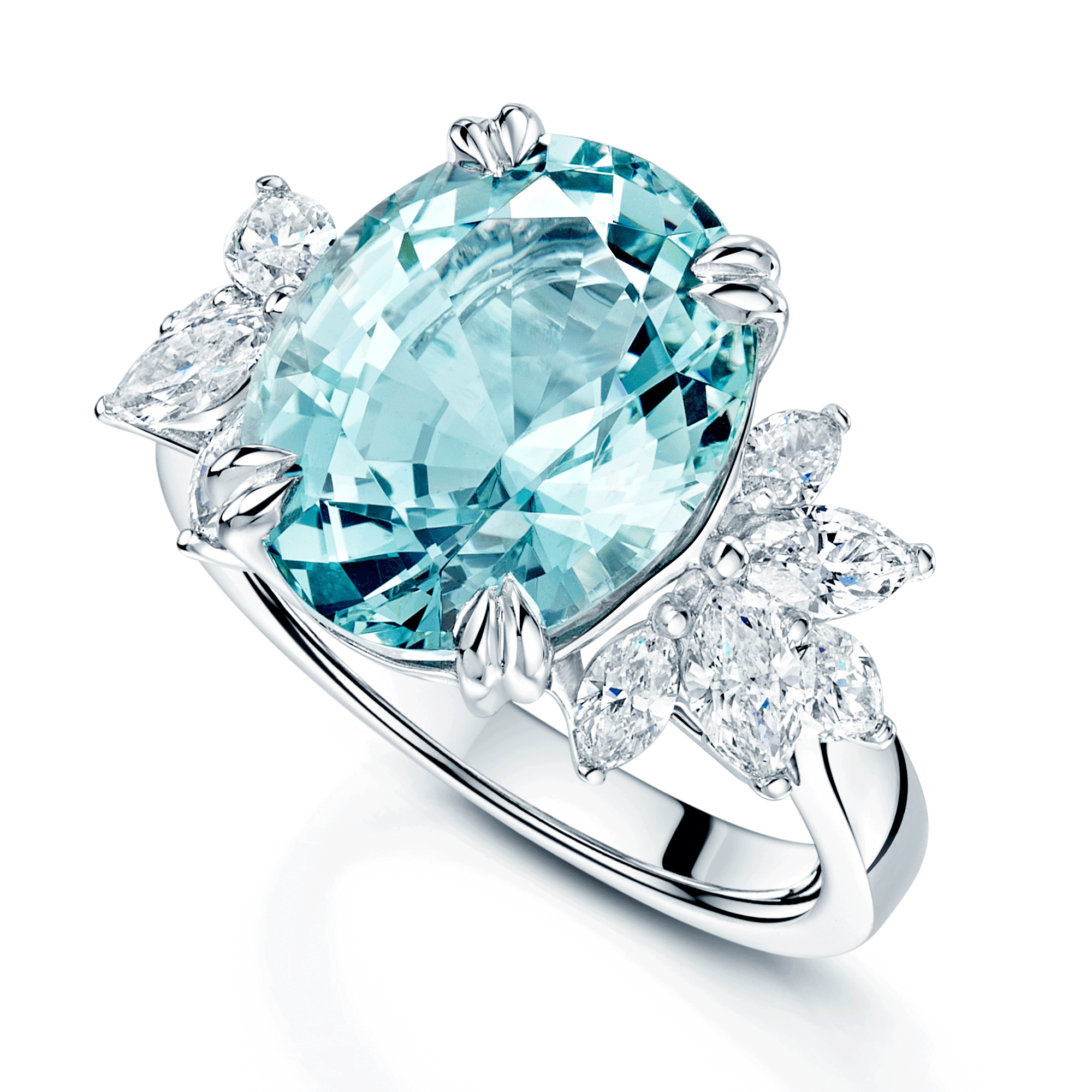 Platinum Oval Aquamarine With Marquise Cut Diamond Cluster Shoulders Ring