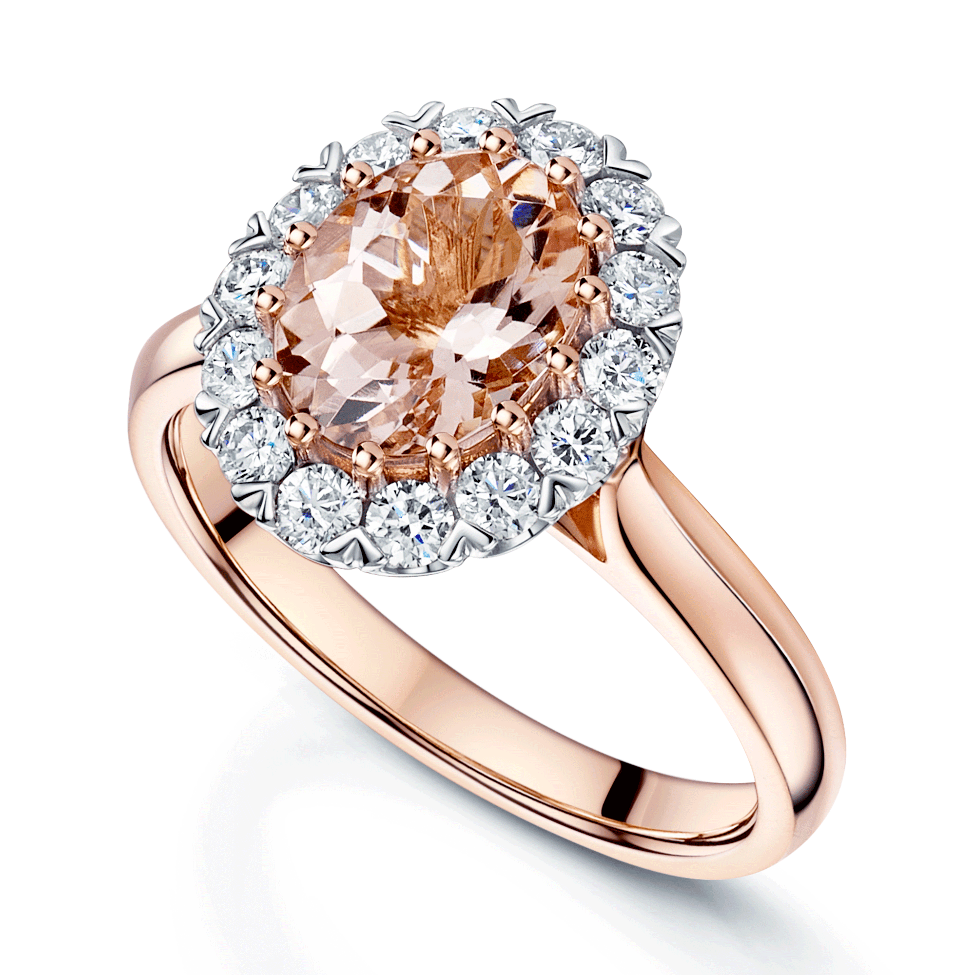 18ct Rose Gold Oval Morganite And Diamond Cluster Ring