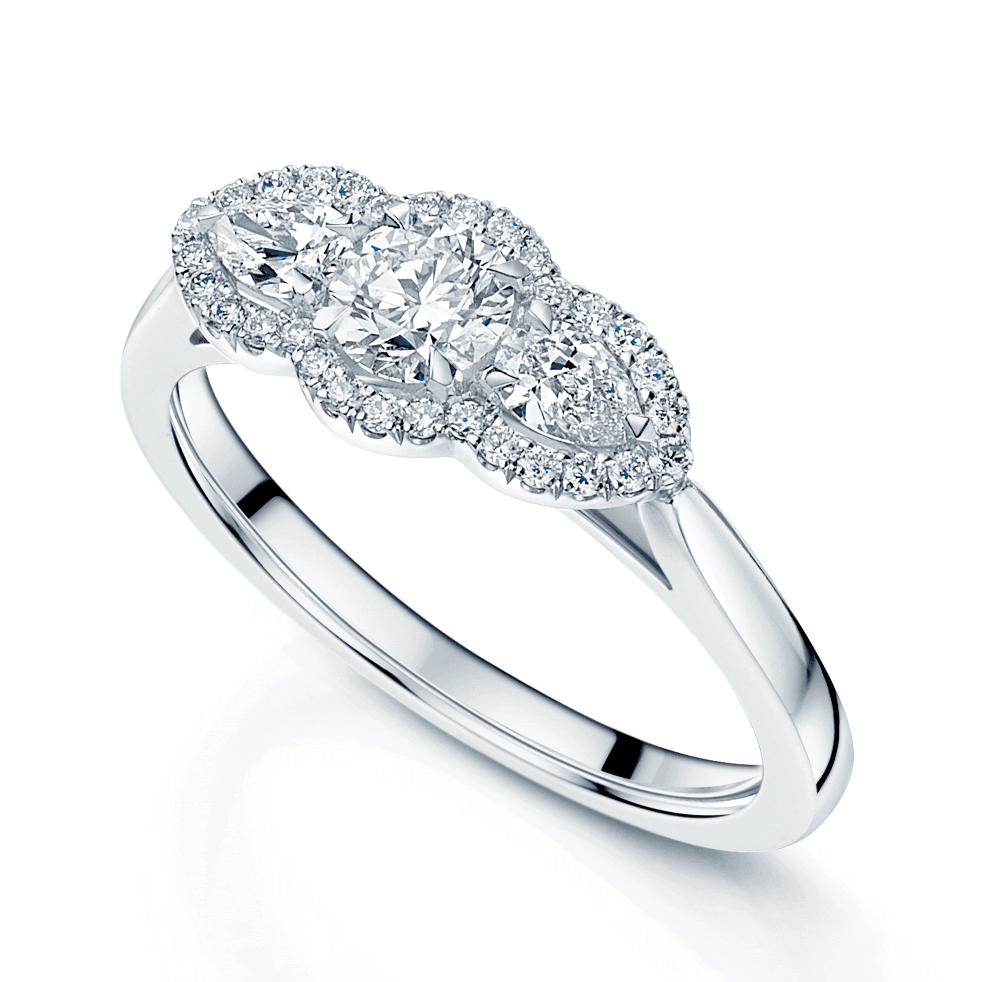 Platinum GIA Certificated Round Brilliant cut and Pear Cut Diamond Halo Three Stone Ring