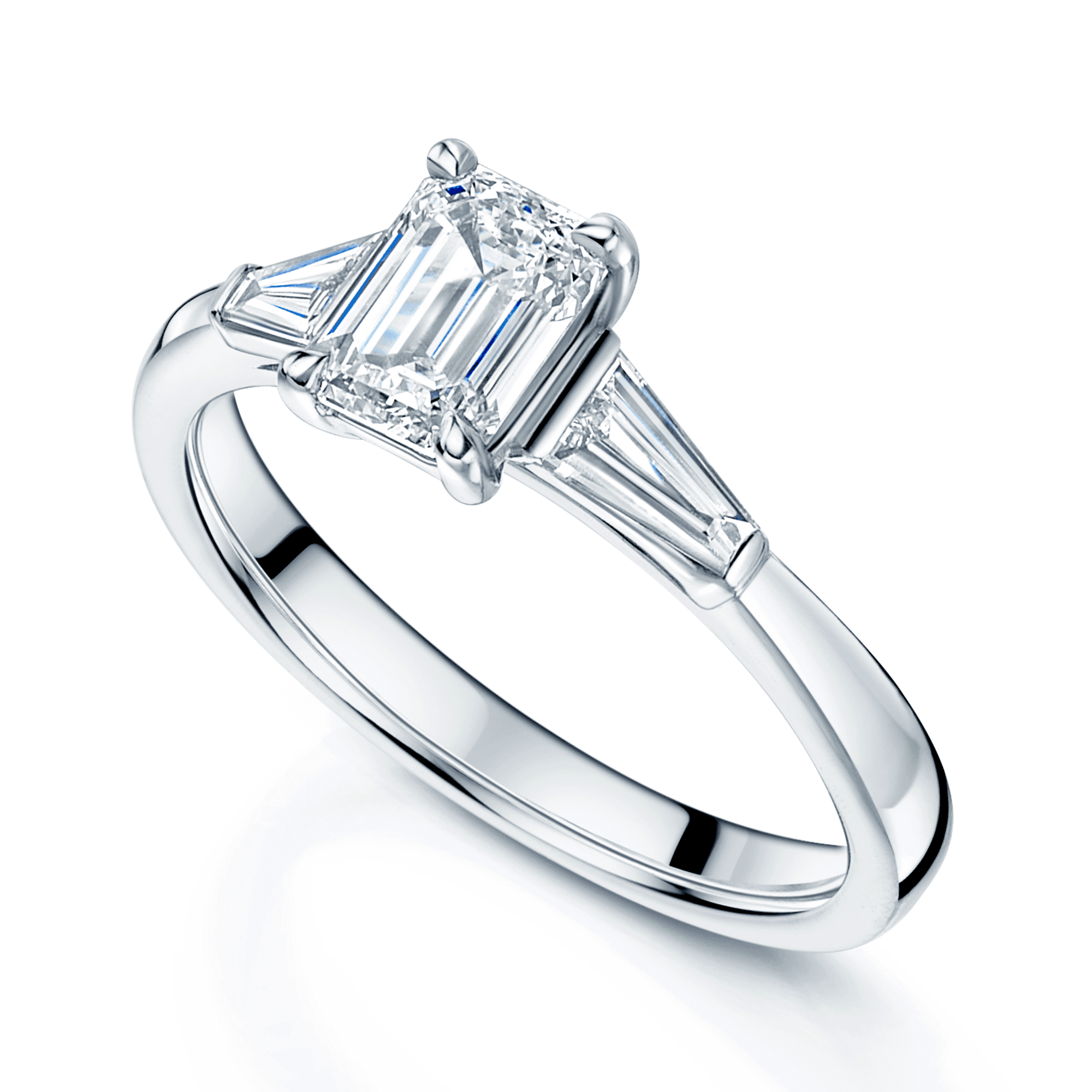 Platinum GIA Certificated Emerald Cut Diamond And Tapered Baguette Cut Three Stone Engagement Ring