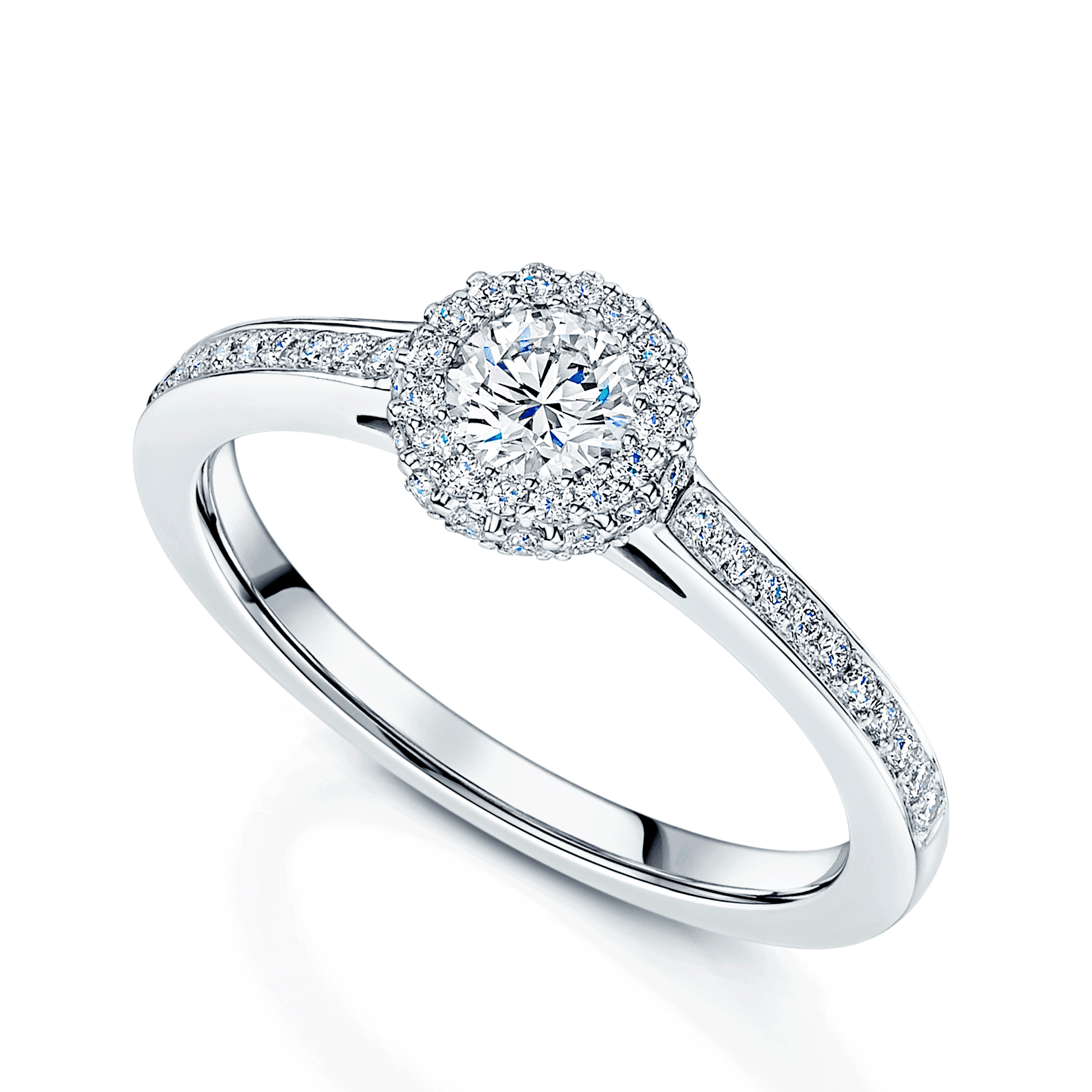 Platinum Round Brilliant Cut Diamond Ring With A Double Diamond Set Halo & Diamond Shoulders