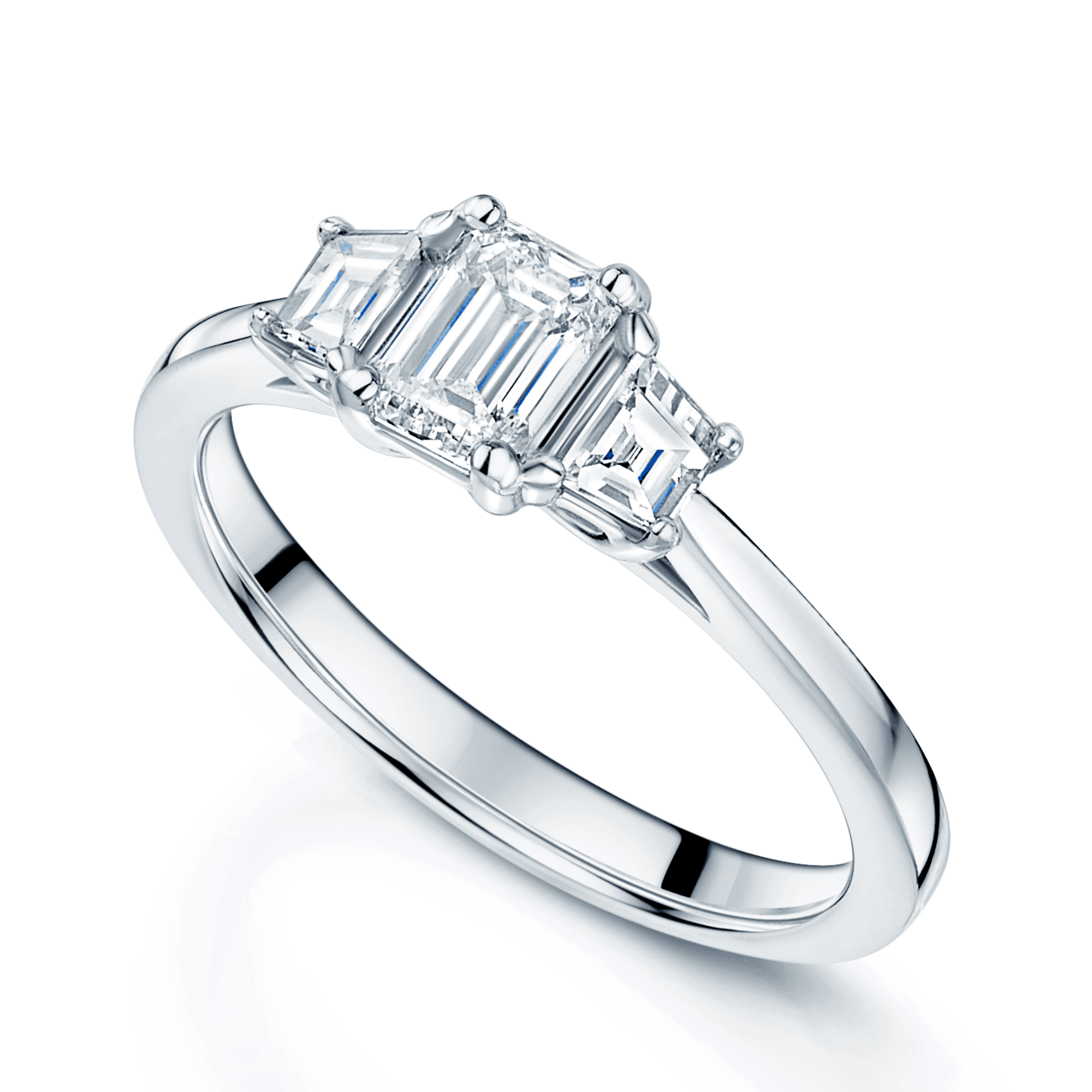 Platinum GIA Certificated Emerald Cut Diamond And Tapered Step Cut Three Stone Ring