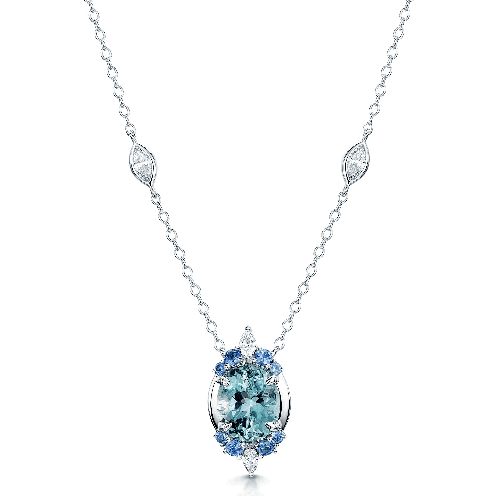 18ct White Gold Oval Cut Aquamarine, Marquise Cut Diamond & Round Cut Sapphire Pendant