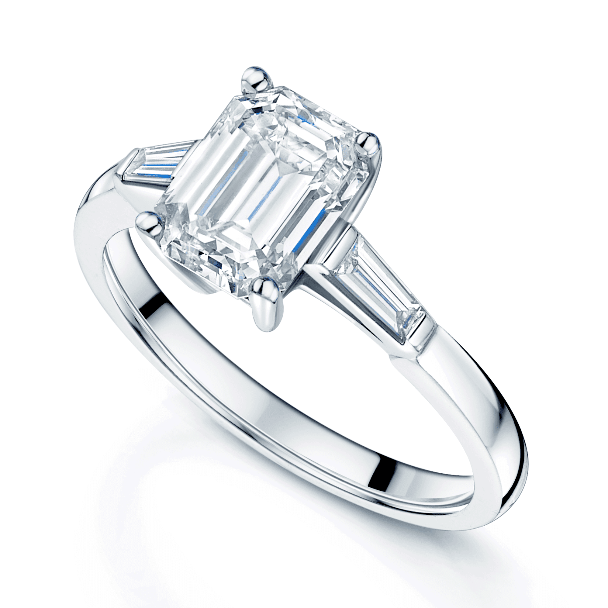 Platinum GIA Certificated Emerald Cut Diamond Ring With Taped Baguette Cut Diamond Shoulders